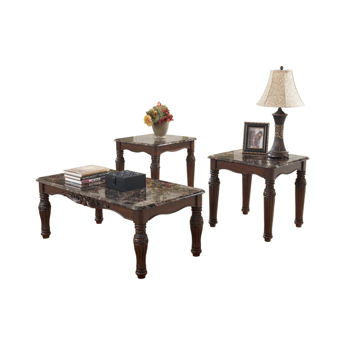 Traditional Style Wooden Table Set With Turned Legs And Faux Marble Top, Set Of Three, Dark Brown By Benzara - Image 2