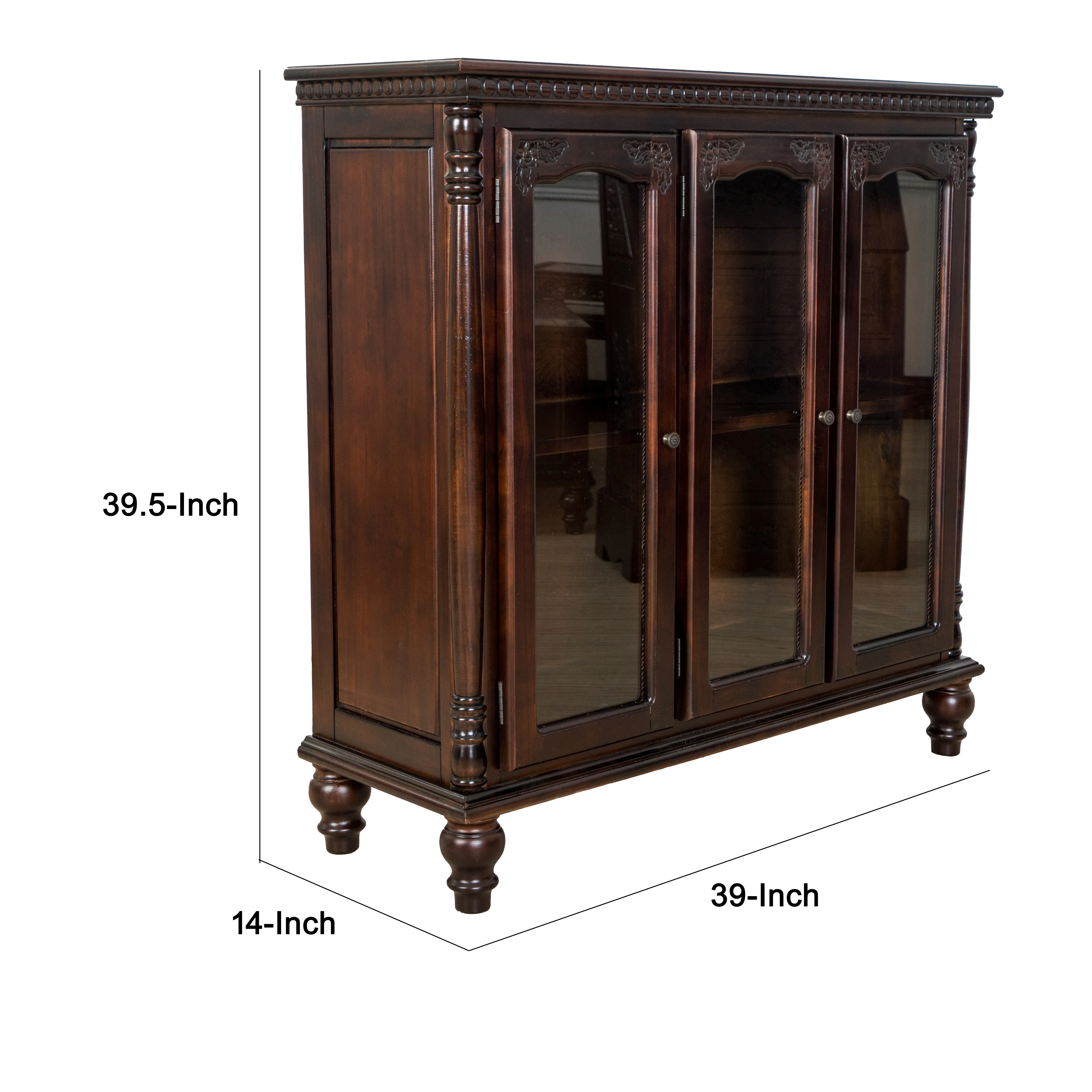 Traditional Wood and Glass Accent Cabinet with Carved Details, Brown By Benzara - Image 2