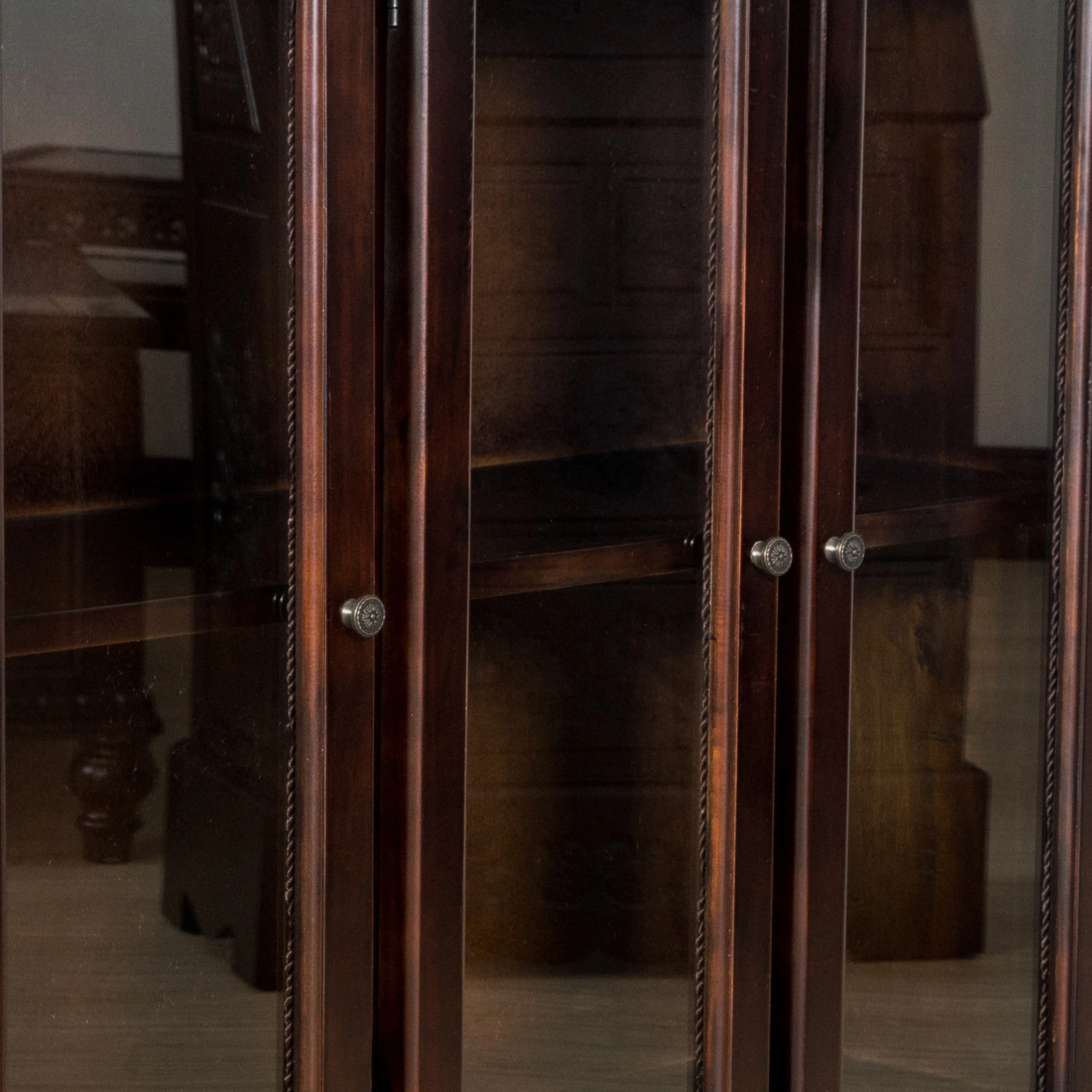 Traditional Wood and Glass Accent Cabinet with Carved Details, Brown By Benzara - Image 3