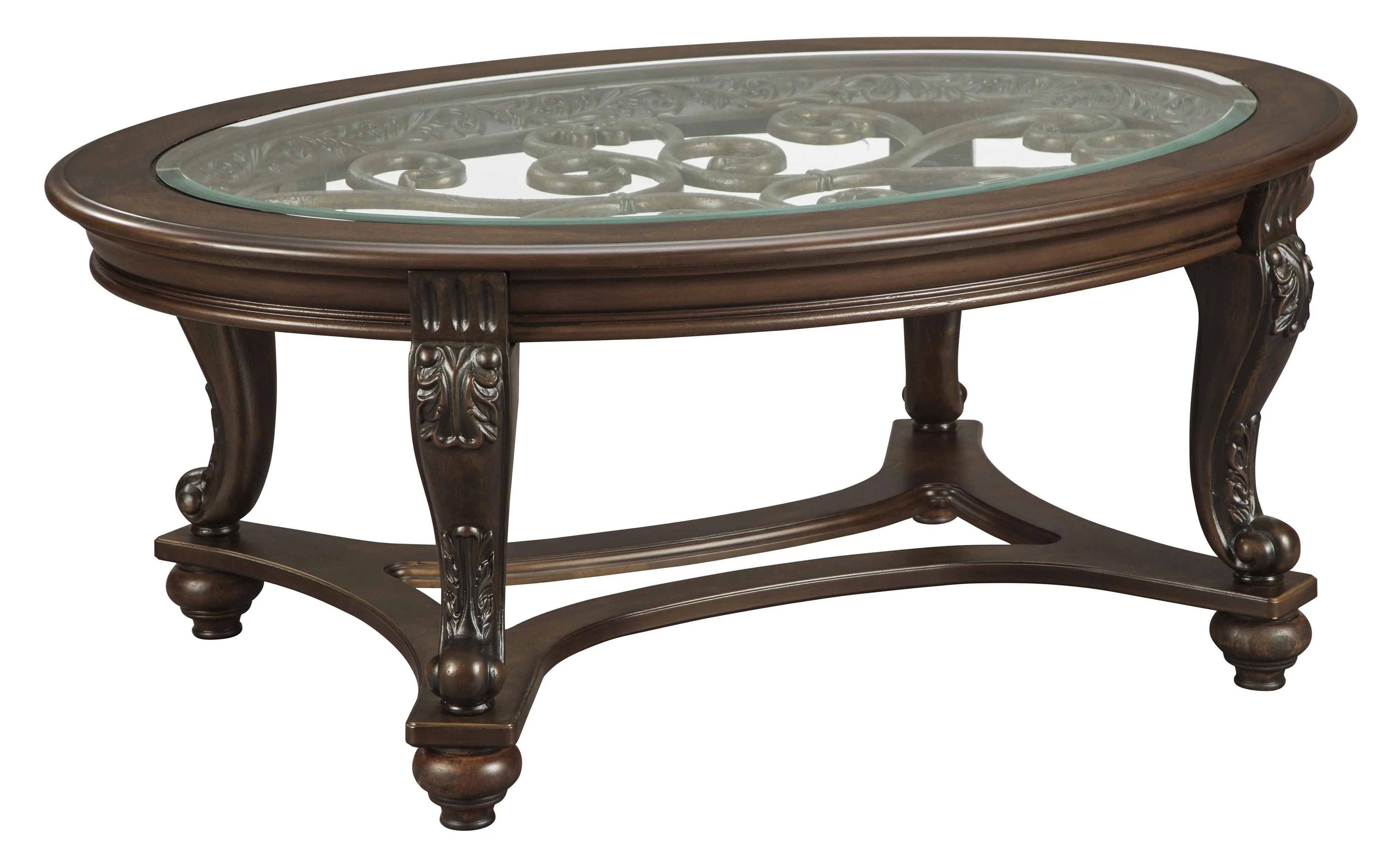 Traditional Wooden Oval Cocktail Table With Glass Top And Bun Feet, Brown By Benzara - Image 2