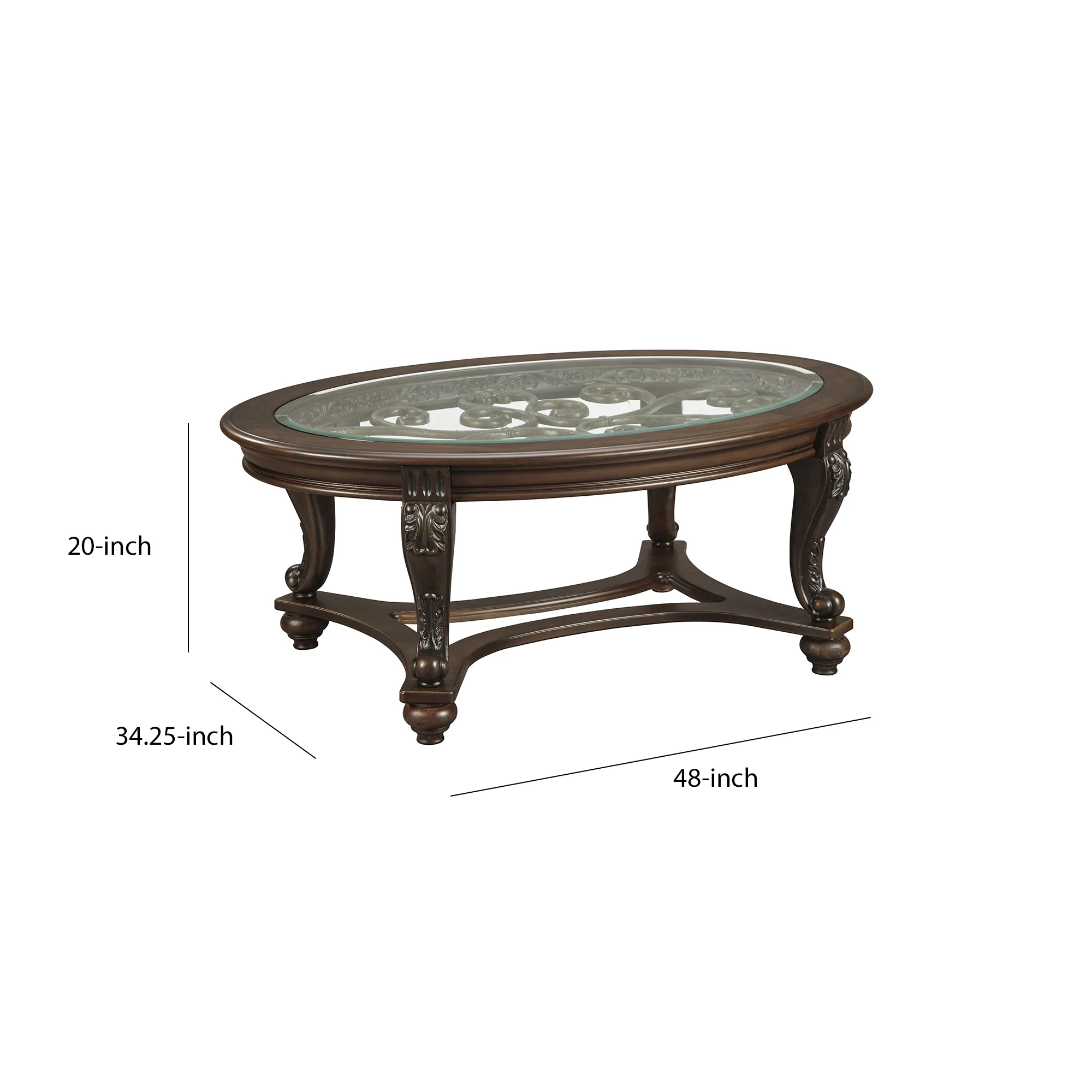 Traditional Wooden Oval Cocktail Table With Glass Top And Bun Feet, Brown By Benzara - Image 5