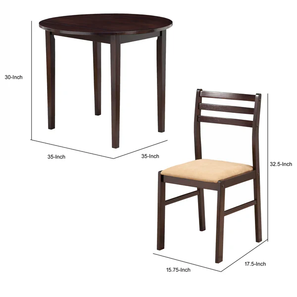 Transitional Style 3 Piece Wooden Dining Table and Chair Set, Brown By Benzara - Image 2