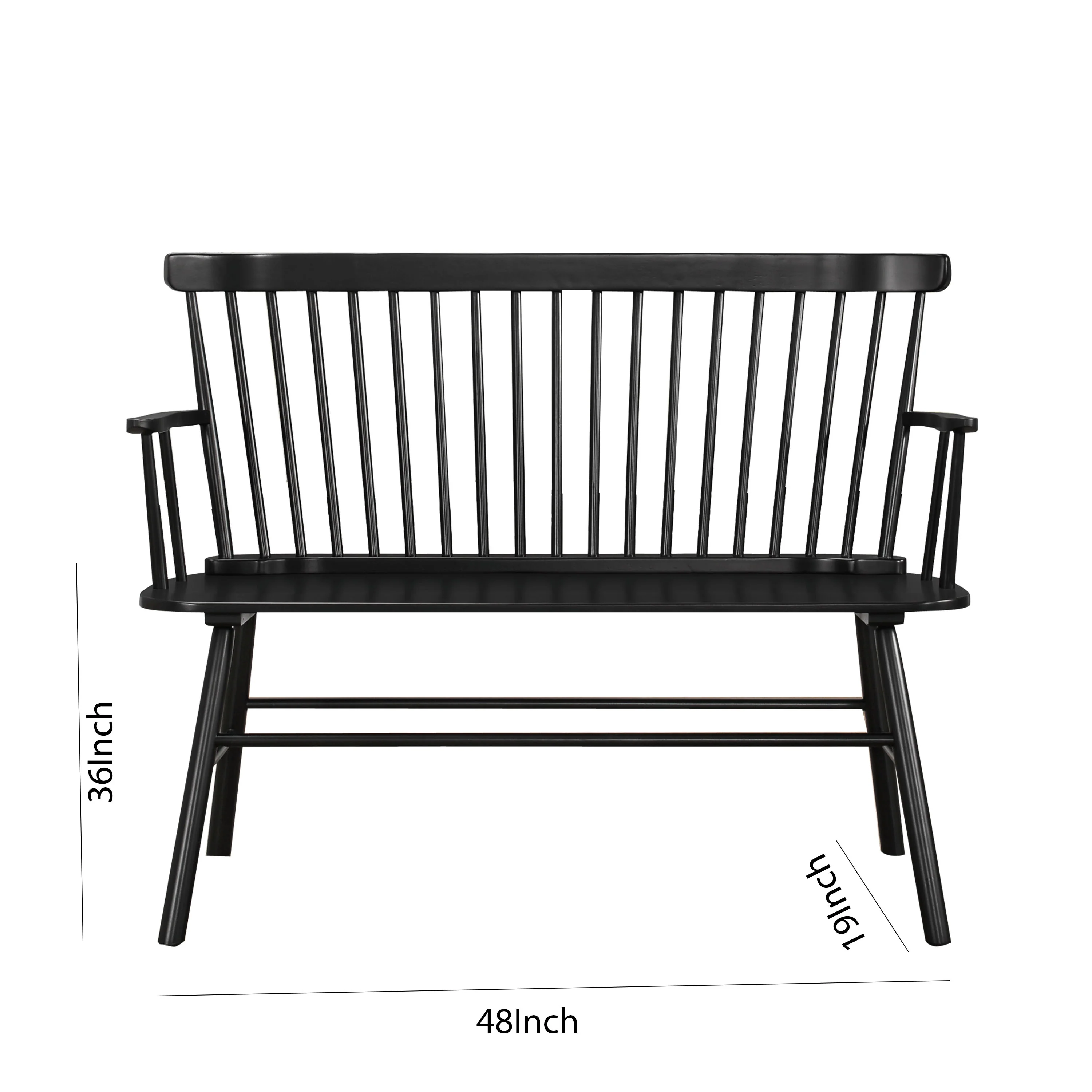 Transitional Style Curved Design Spindle Back Bench with Splayed Legs,Black By Benzara - Image 6