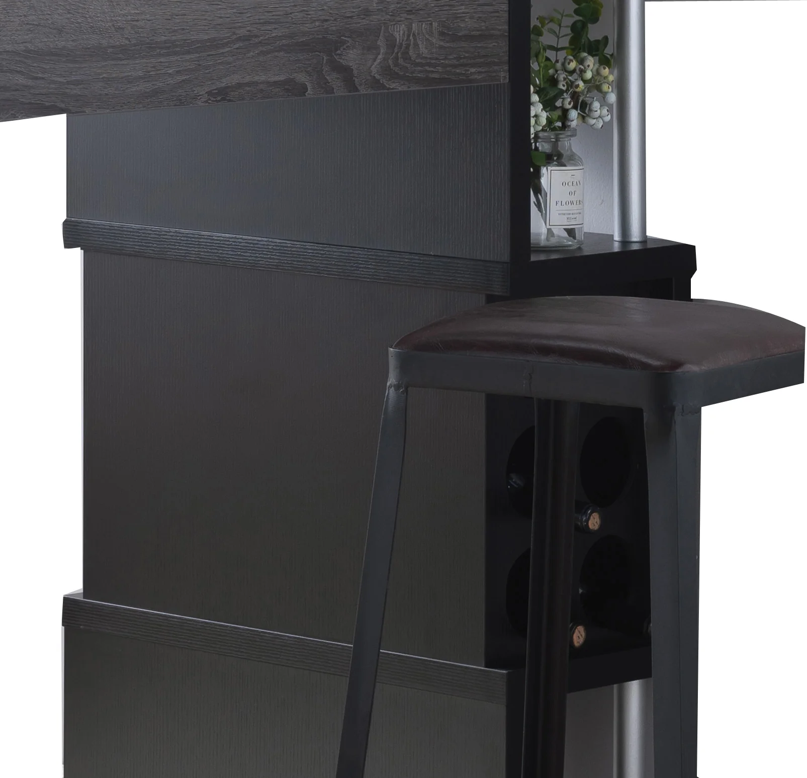 Transitional Style Wooden Bar Table With 3 Tier Side Shelves, Gray By Benzara - Image 2