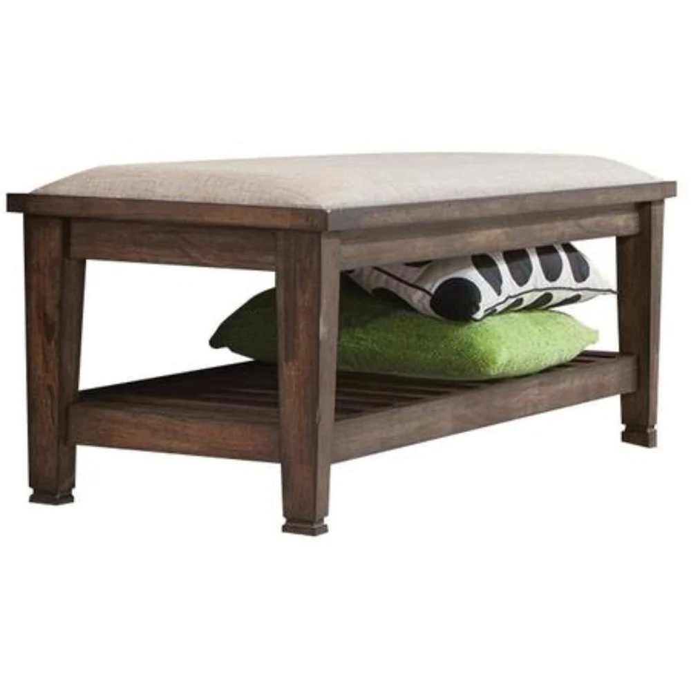 Transitional Style Wooden Bed Bench with Fabric Upholstered Seat, Brown By Benzara - Image 2