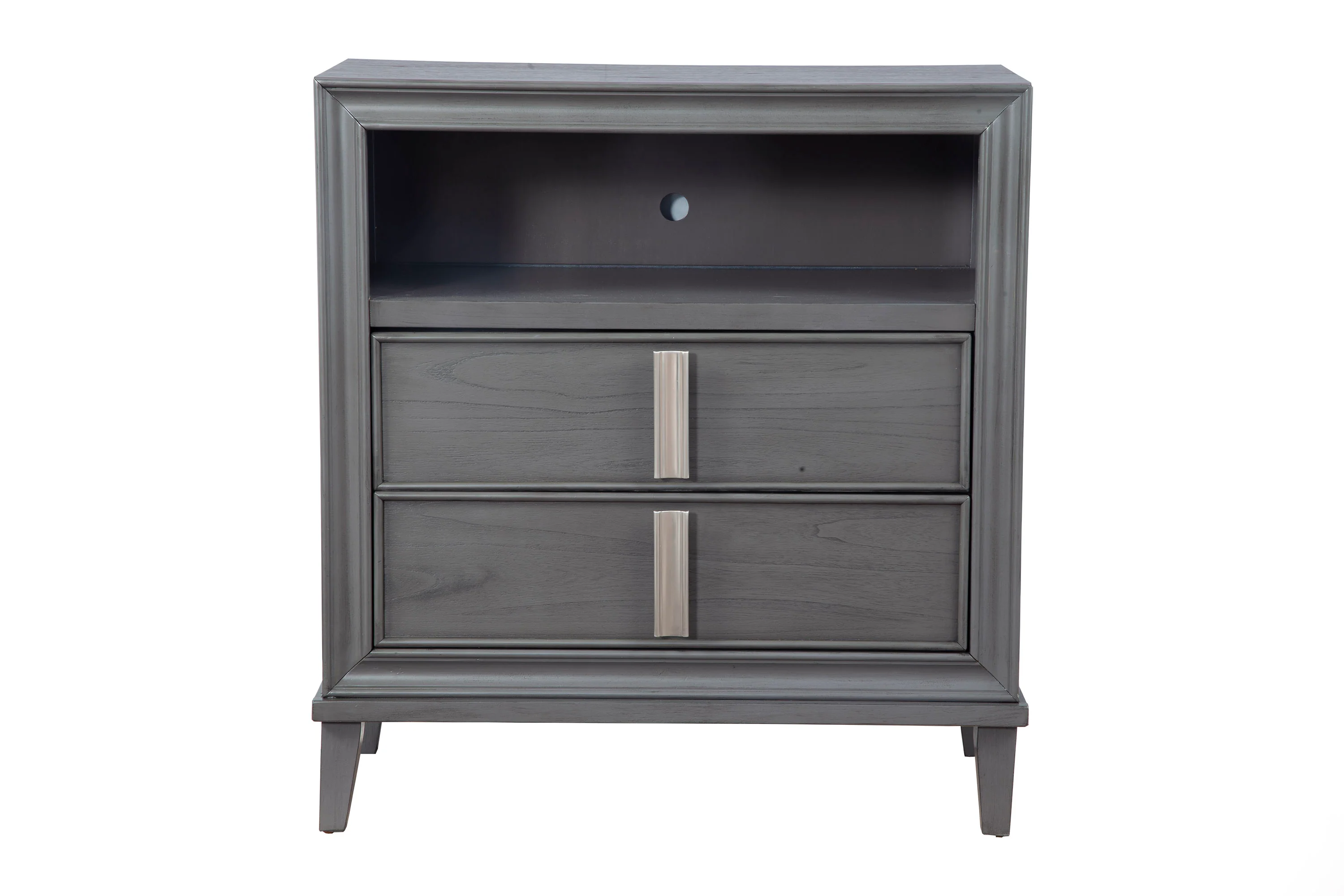 Transitional Style Wooden Media Chest With Two Drawers And One Open Shelf, Gray By Benzara - Image 2