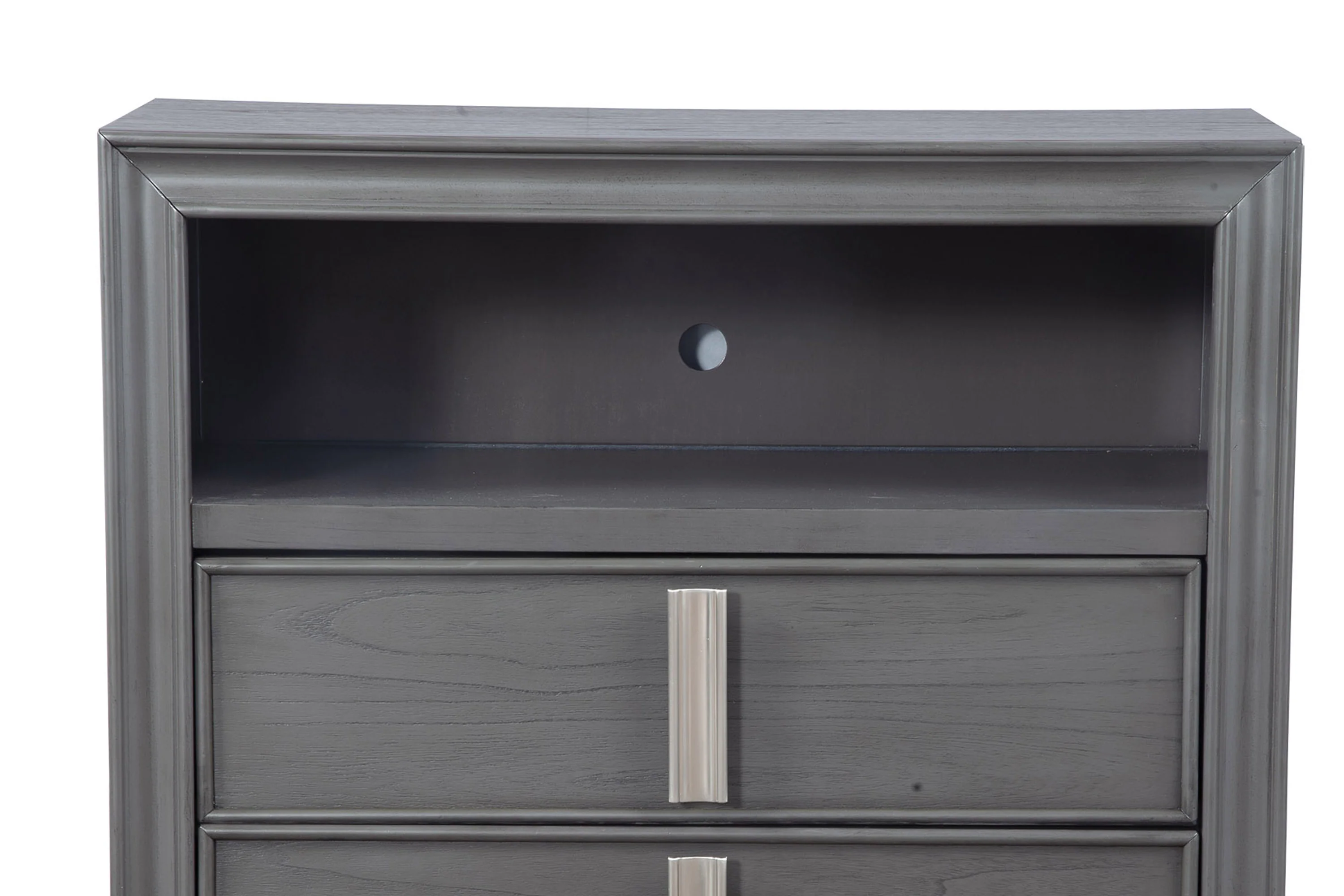 Transitional Style Wooden Media Chest With Two Drawers And One Open Shelf, Gray By Benzara - Image 3