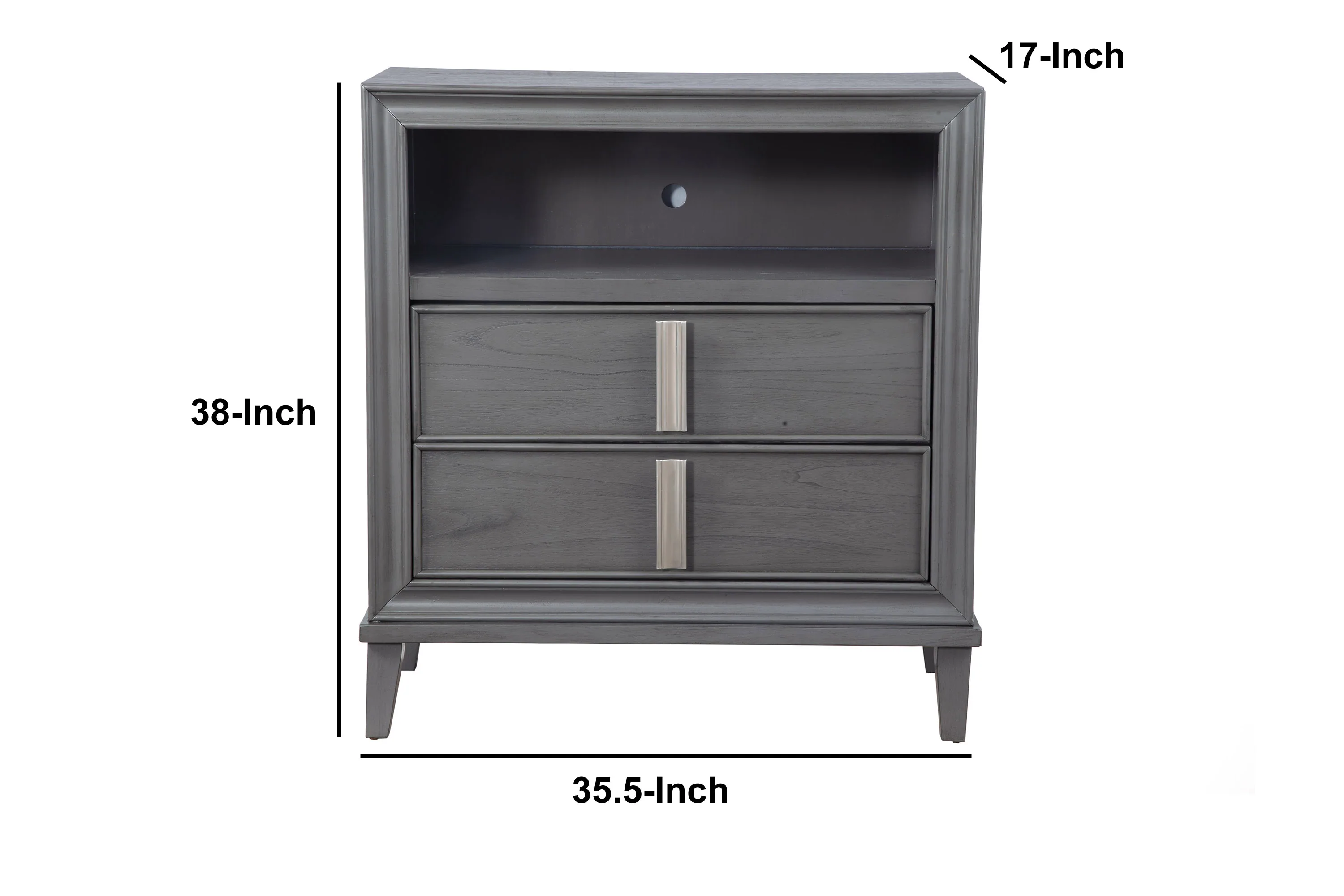Transitional Style Wooden Media Chest With Two Drawers And One Open Shelf, Gray By Benzara - Image 6