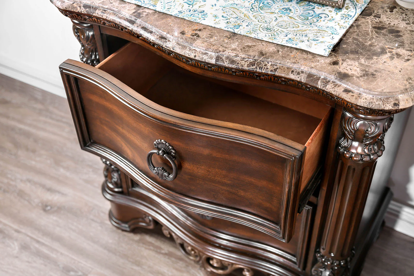 Transitional Wood Night Stand With Genuine Marble Top, Brown By Benzara - Image 2