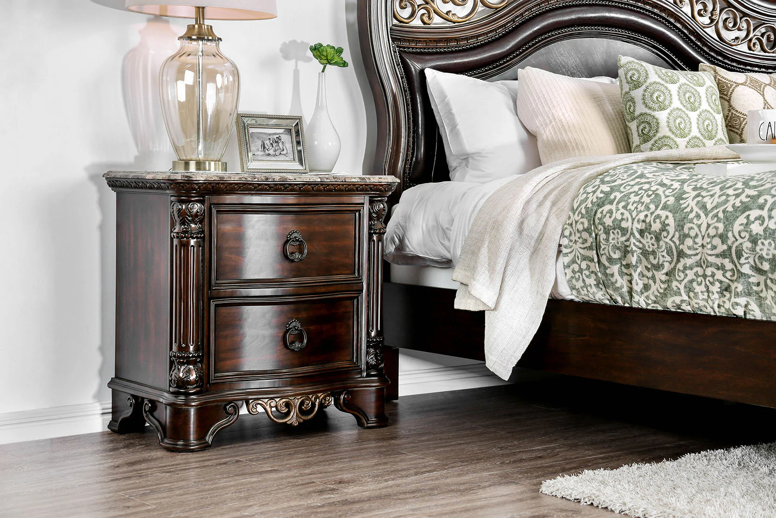 Transitional Wood Night Stand With Genuine Marble Top, Brown By Benzara - Image 3