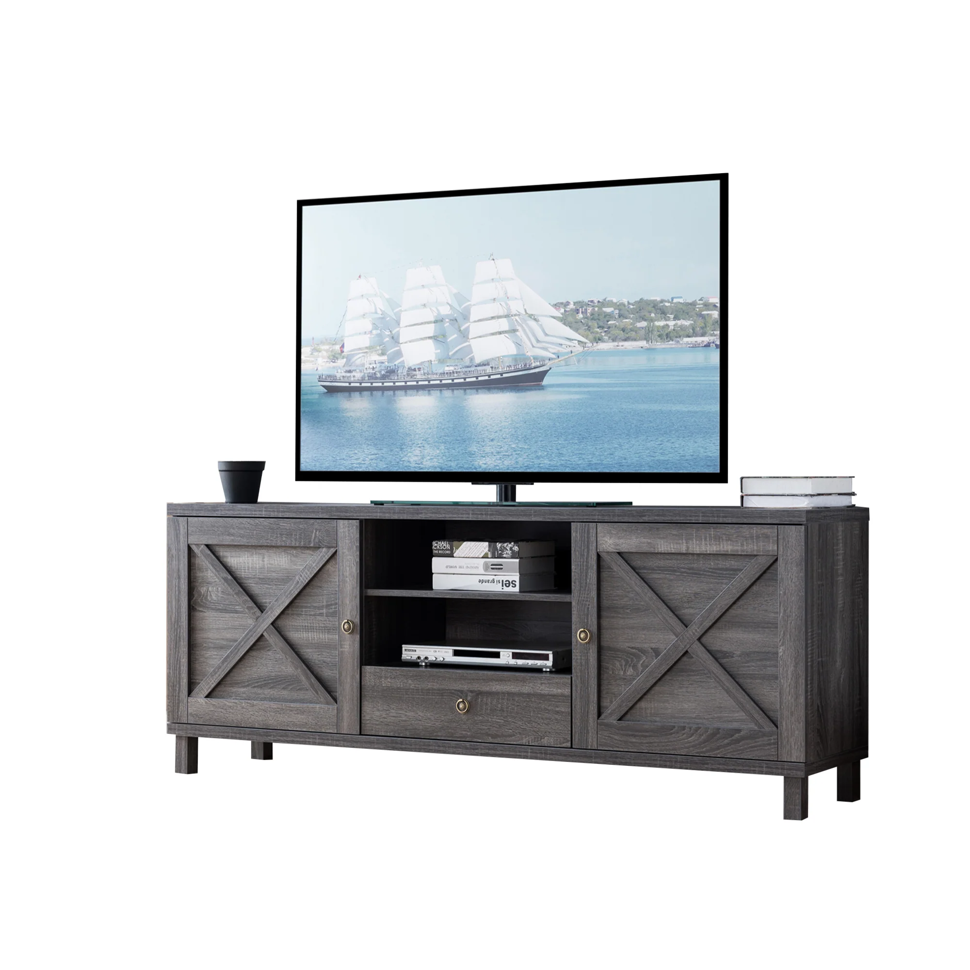 Transitional Wooden Tv Stand With Two Side Door Cabinets And Spacious Storage, Gray By Benzara - Image 2