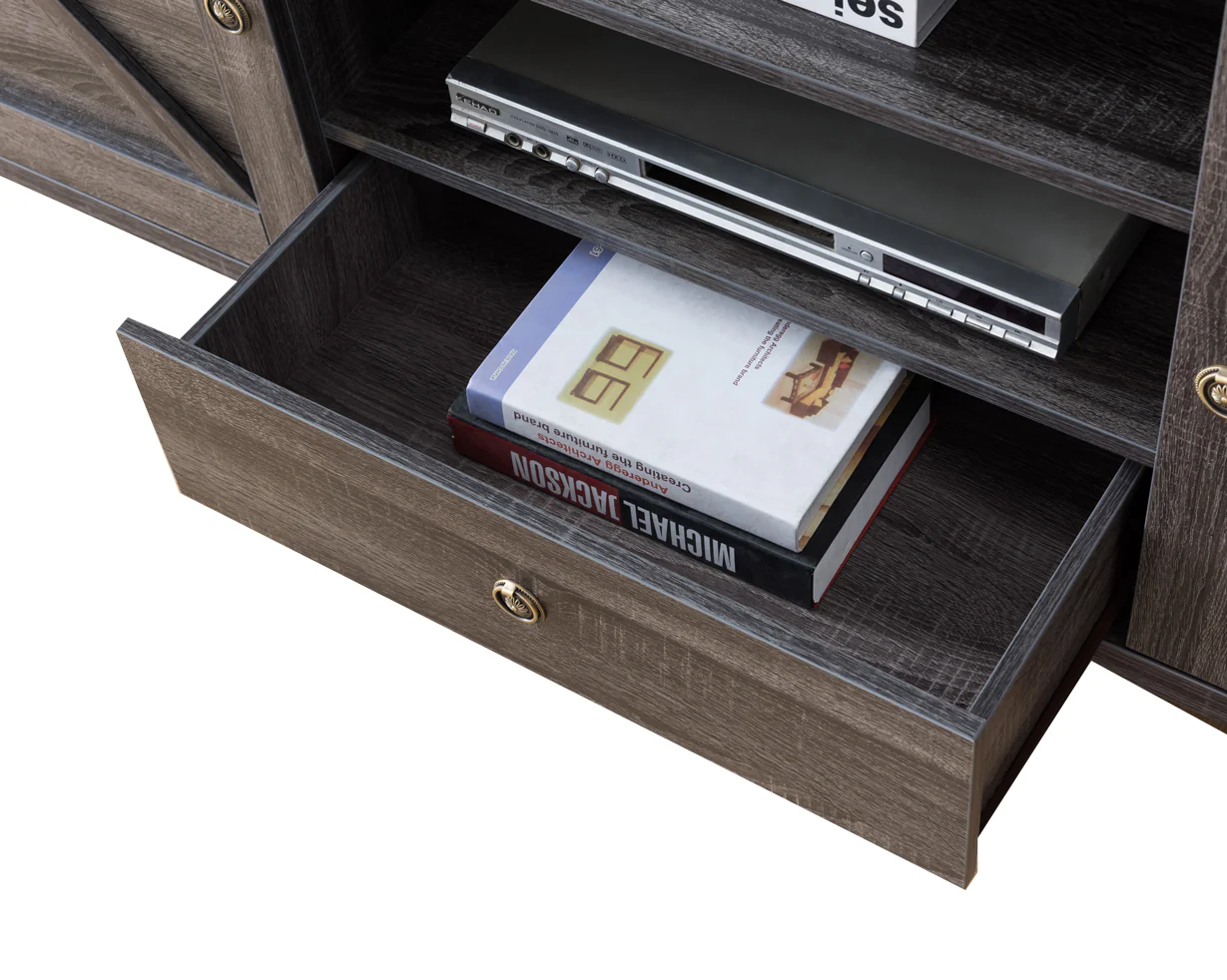 Transitional Wooden Tv Stand With Two Side Door Cabinets And Spacious Storage, Gray By Benzara - Image 3