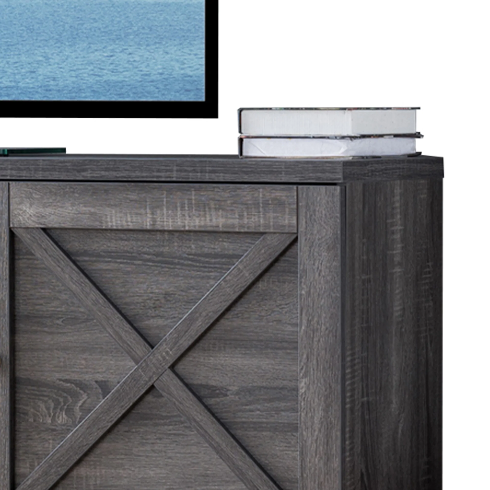 Transitional Wooden Tv Stand With Two Side Door Cabinets And Spacious Storage, Gray By Benzara - Image 4