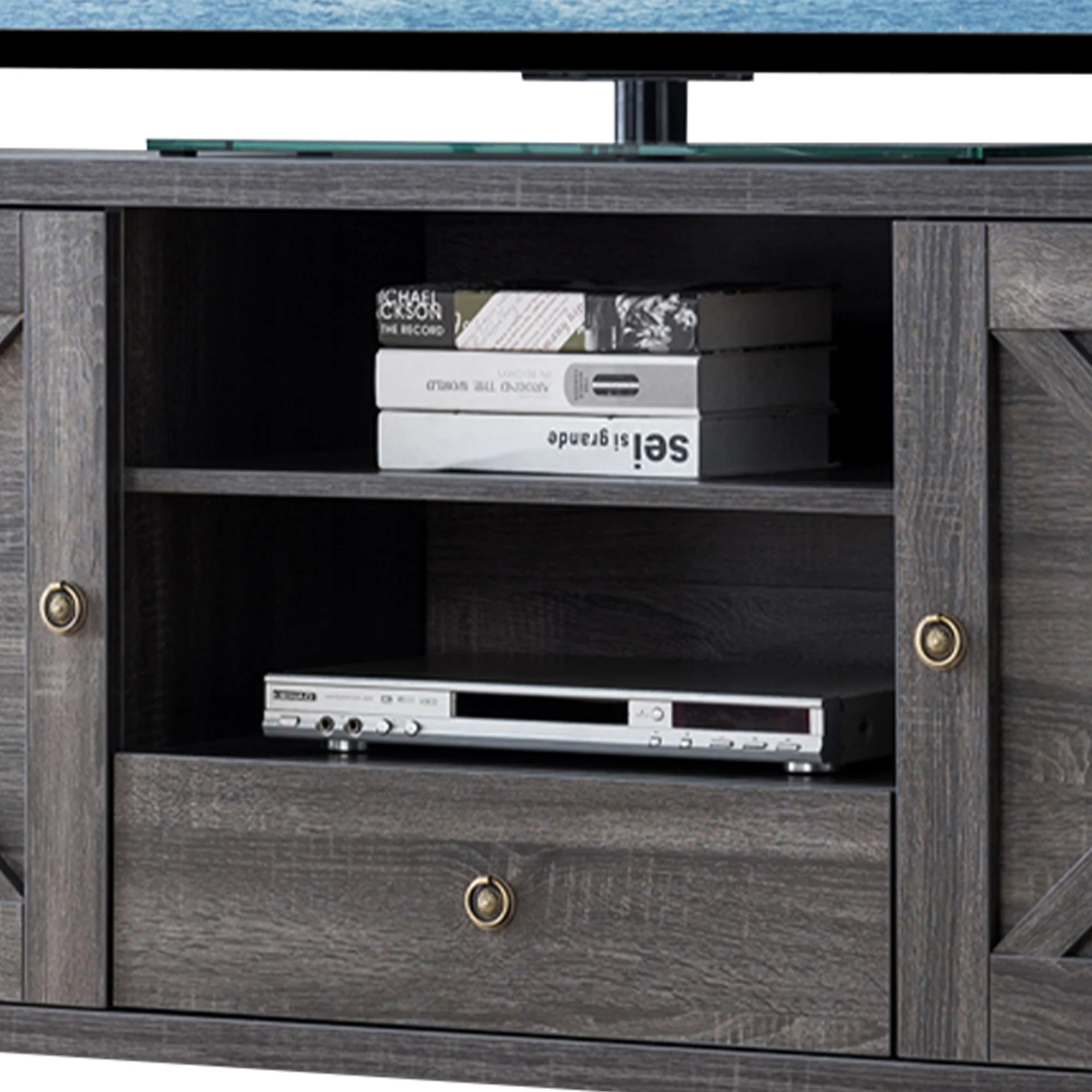 Transitional Wooden Tv Stand With Two Side Door Cabinets And Spacious Storage, Gray By Benzara - Image 5