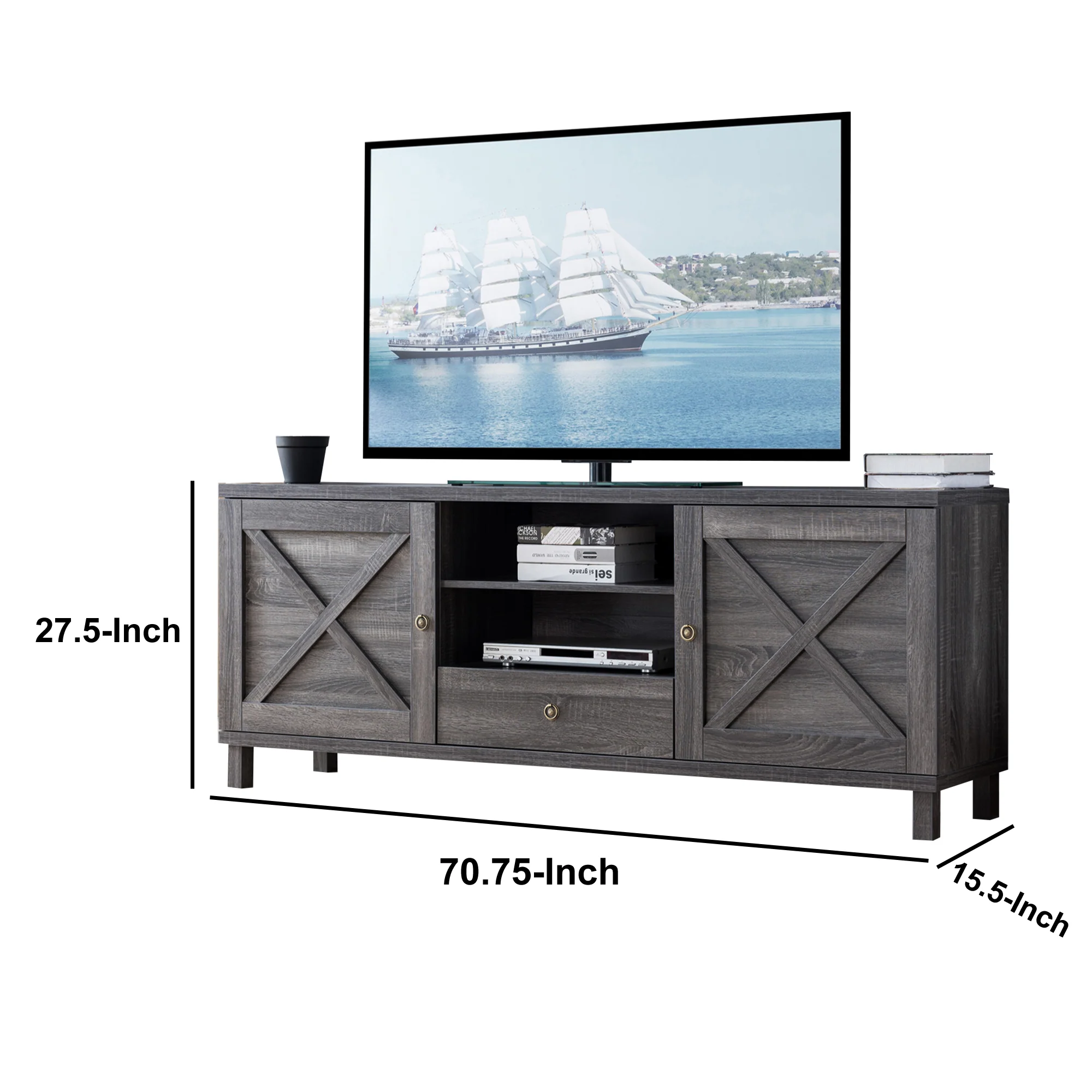 Transitional Wooden Tv Stand With Two Side Door Cabinets And Spacious Storage, Gray By Benzara - Image 6