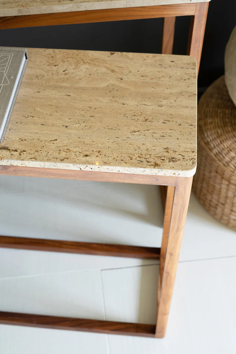 Travertine Console Tables With Wood Bases Set Of 2 By Kalalou - Image 2