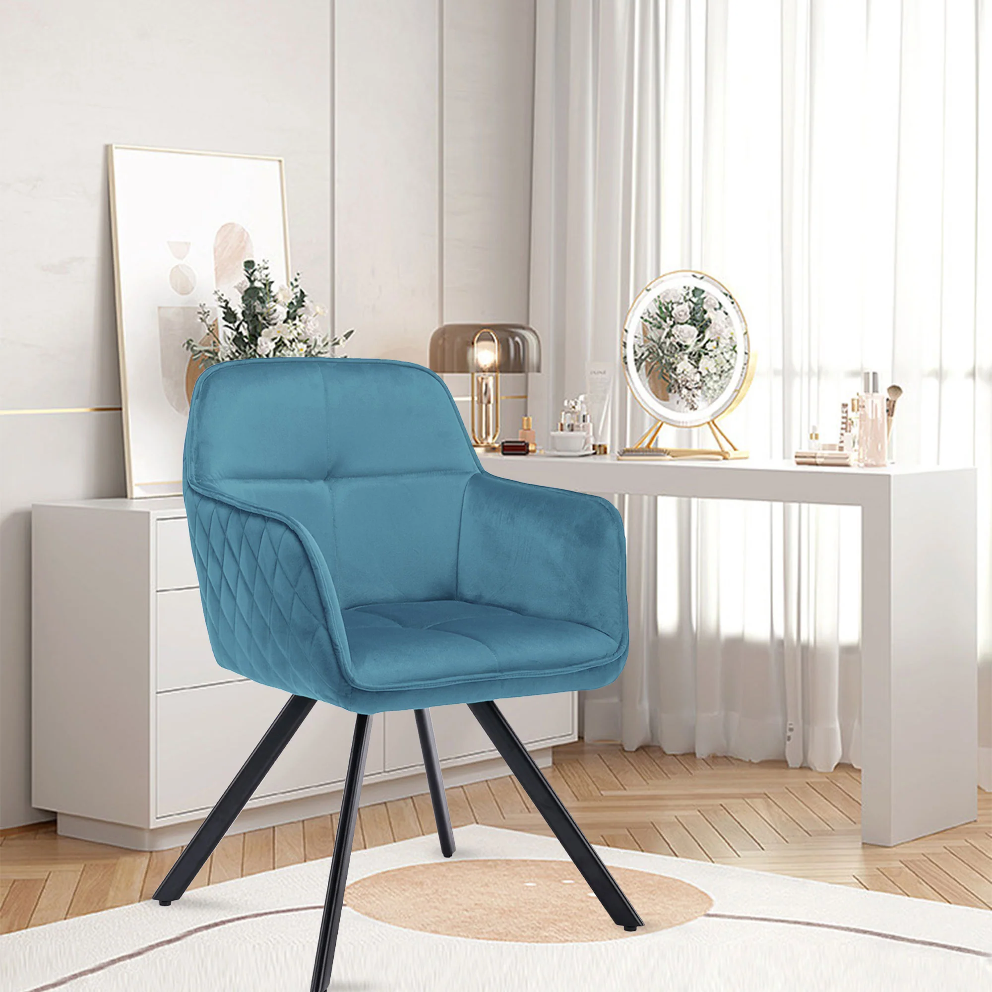 Tufted Blue And Black Velvet and Metal Dining Arm Chair By Homeroots - Image 2