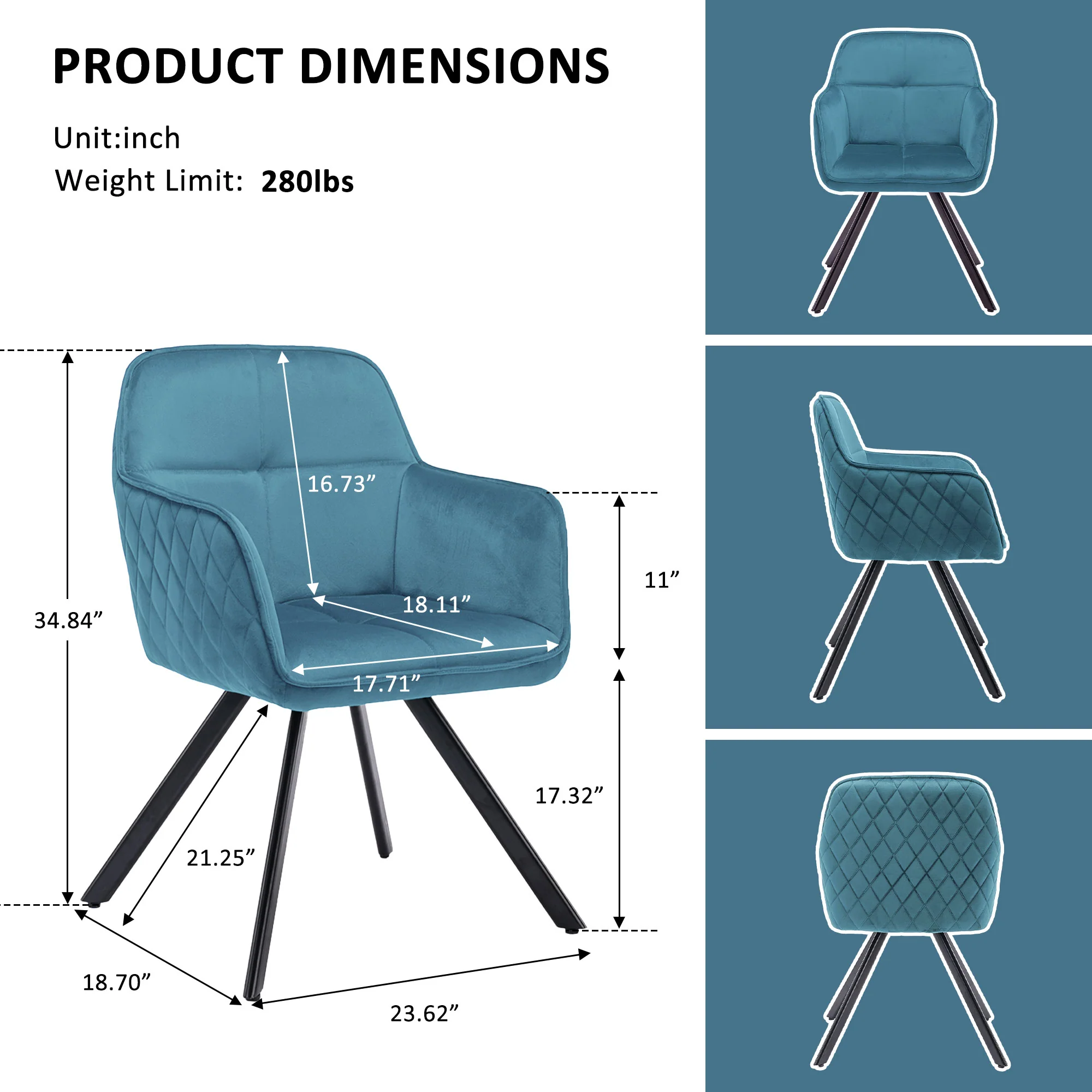 Tufted Blue And Black Velvet and Metal Dining Arm Chair By Homeroots - Image 4