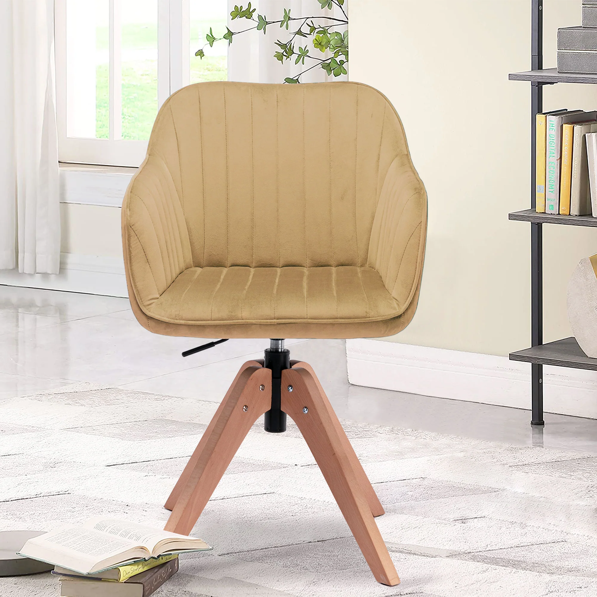 Tufted Champagne And Natural Velvet and Wood Dining Arm Chair By Homeroots - Image 2