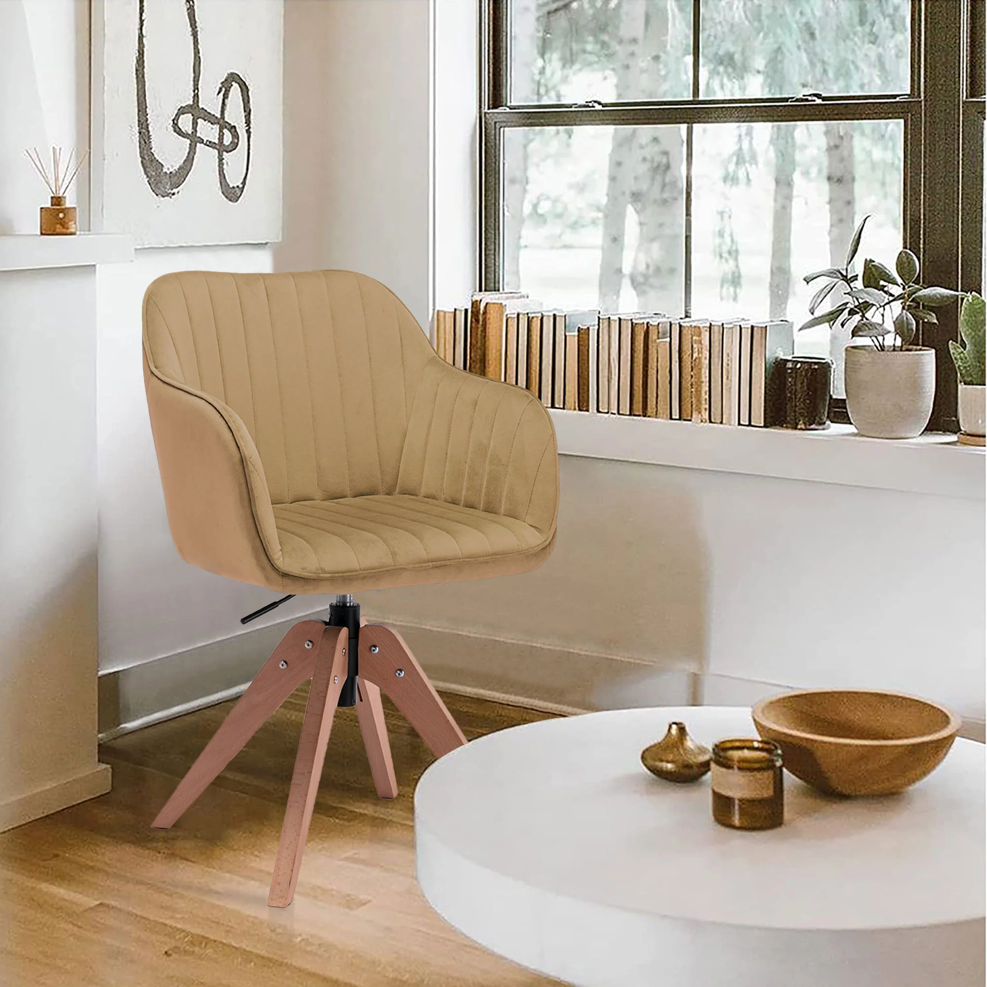 Tufted Champagne And Natural Velvet and Wood Dining Arm Chair By Homeroots - Image 3
