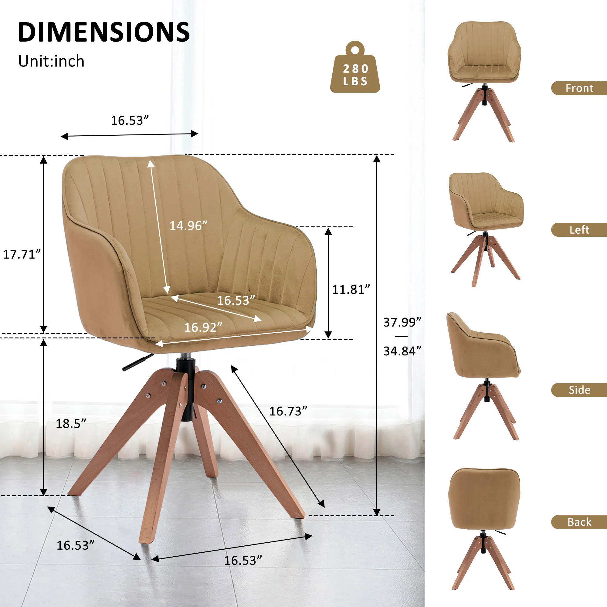 Tufted Champagne And Natural Velvet and Wood Dining Arm Chair By Homeroots - Image 5