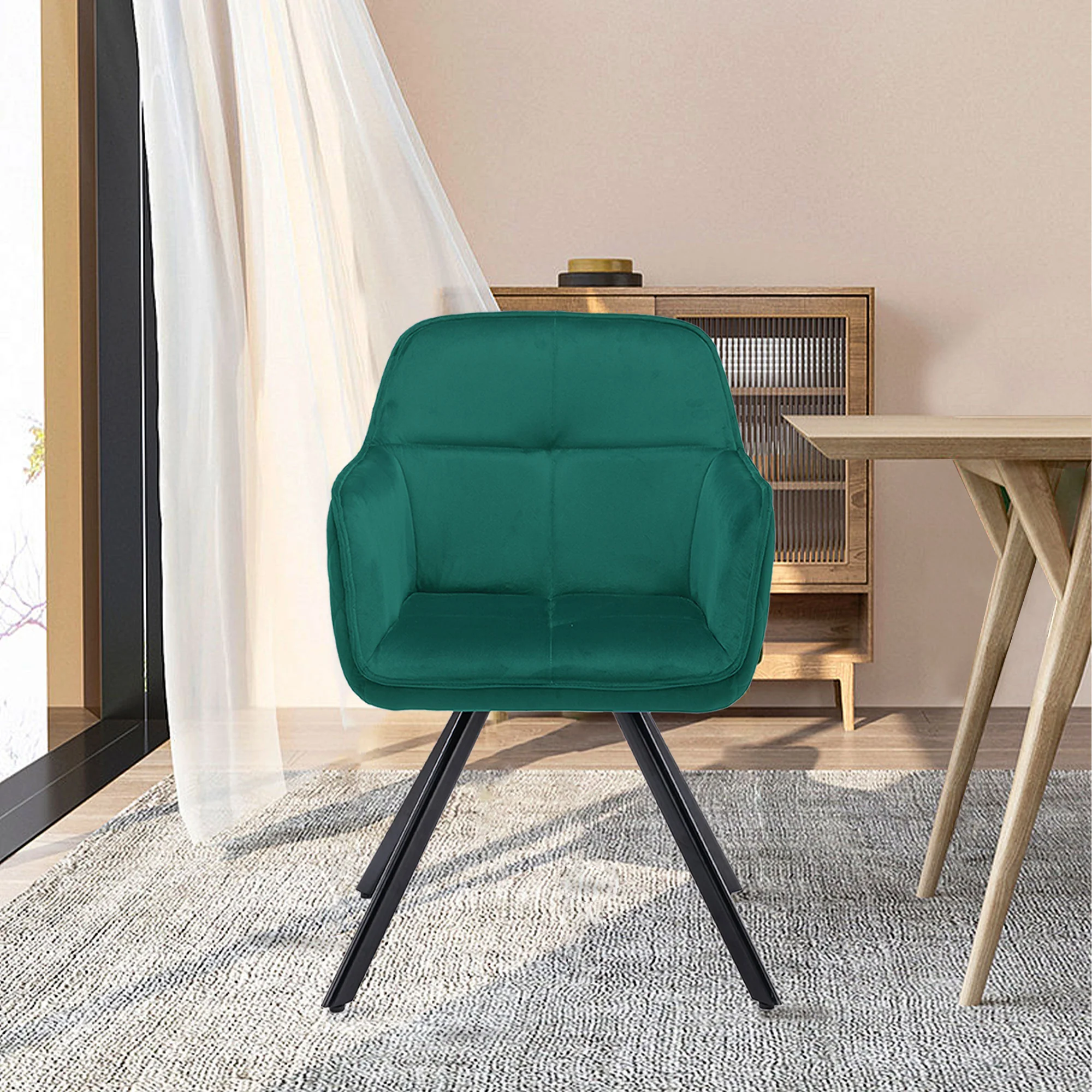 Tufted Green And Black Velvet and Metal Dining Arm Chair By Homeroots - Image 3