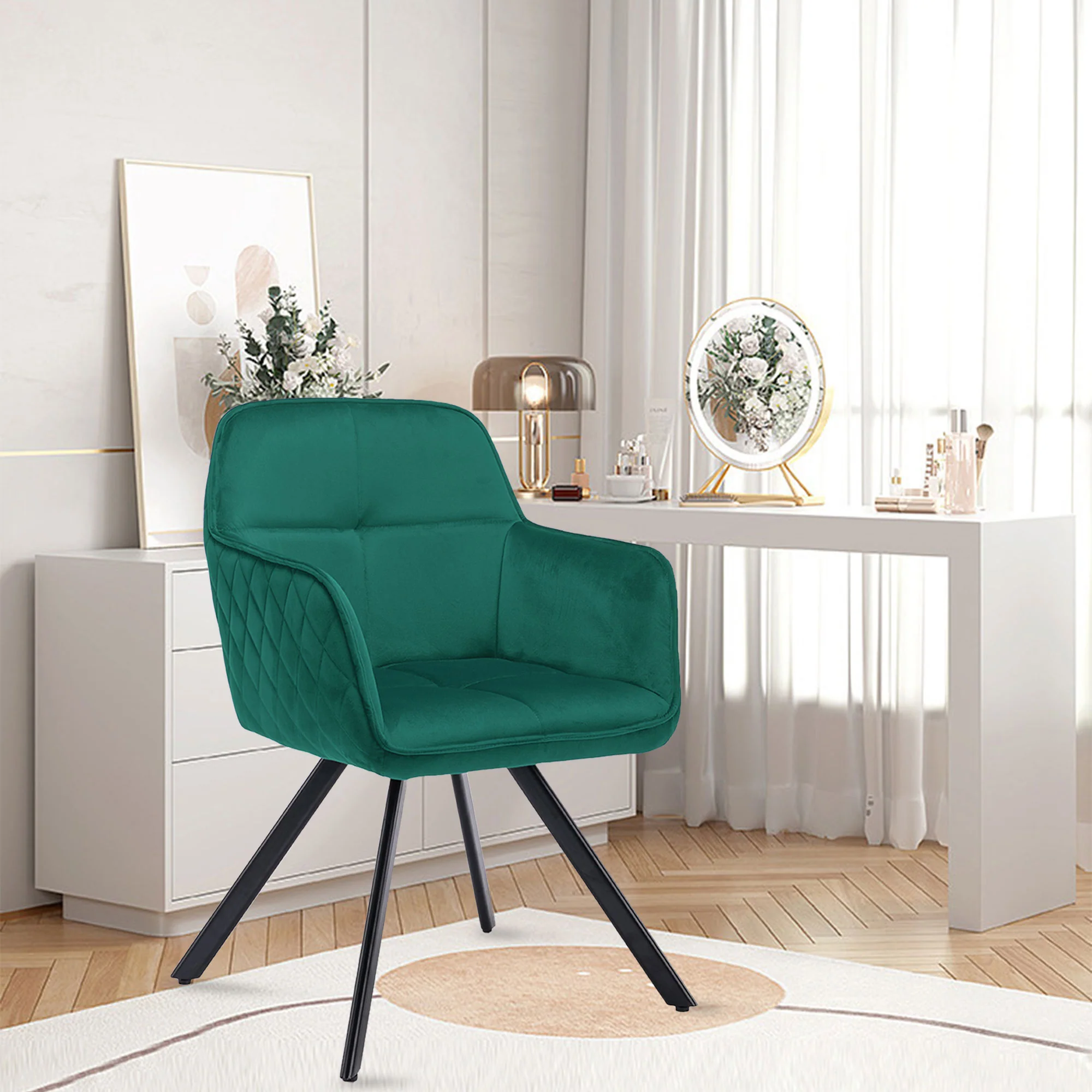 Tufted Green And Black Velvet and Metal Dining Arm Chair By Homeroots - Image 4