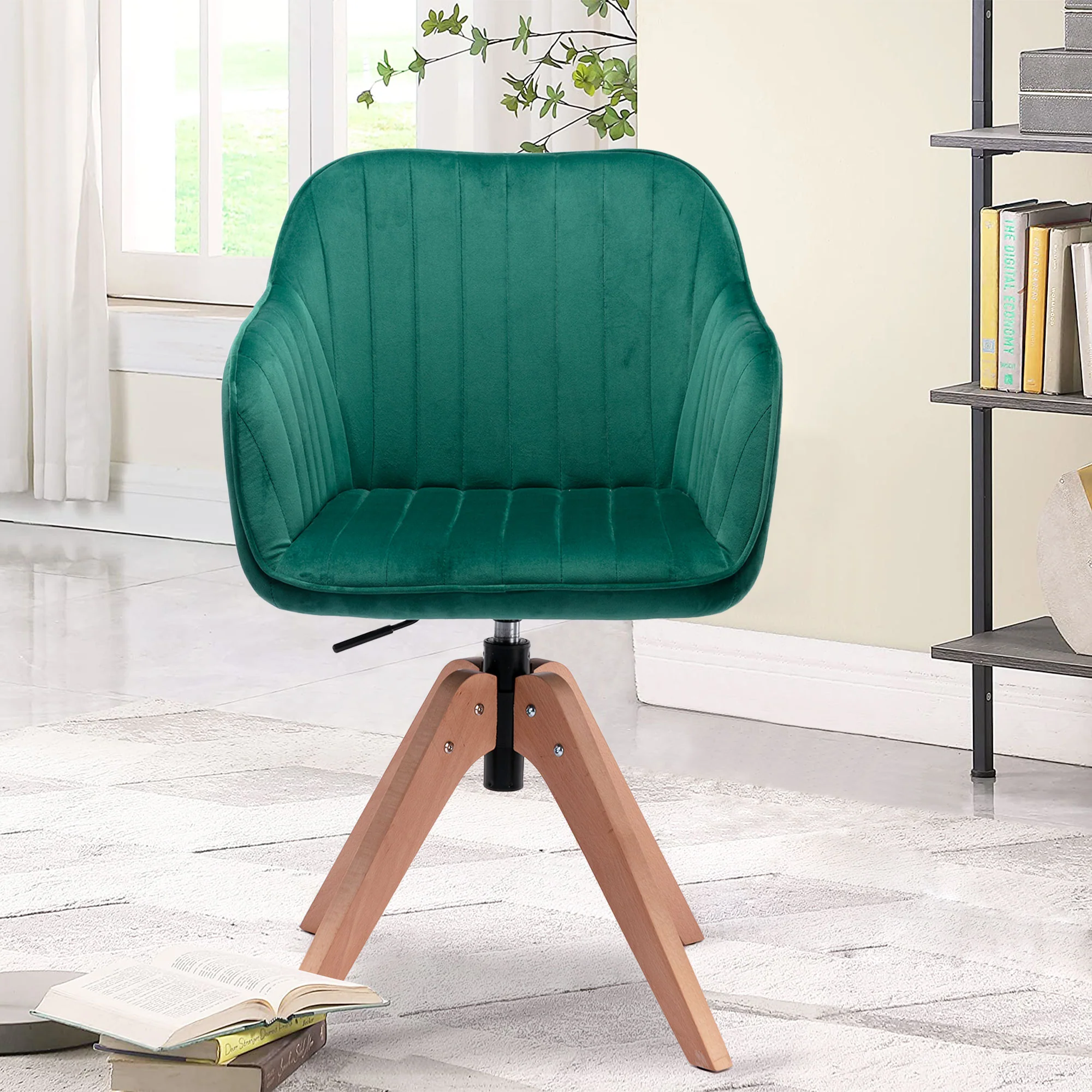 Tufted Green And Natural Velvet and Wood Dining Arm Chair By Homeroots - Image 2