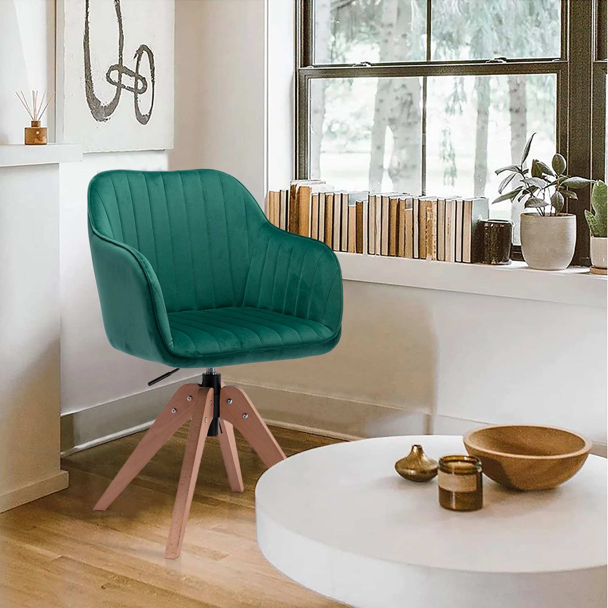 Tufted Green And Natural Velvet and Wood Dining Arm Chair By Homeroots - Image 3