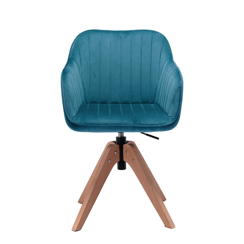 Tufted Teal Blue And Natural Velvet and Wood Dining Arm Chair By Homeroots - Image 2