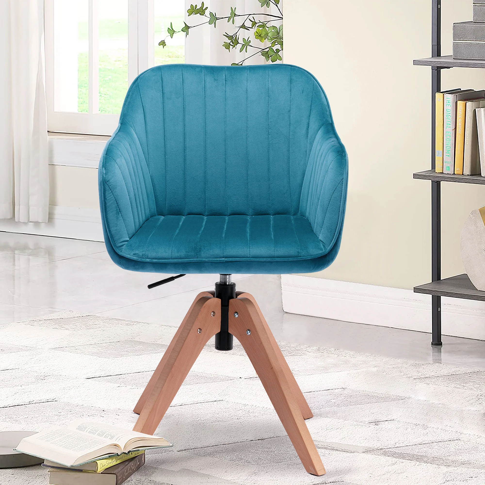 Tufted Teal Blue And Natural Velvet and Wood Dining Arm Chair By Homeroots - Image 3