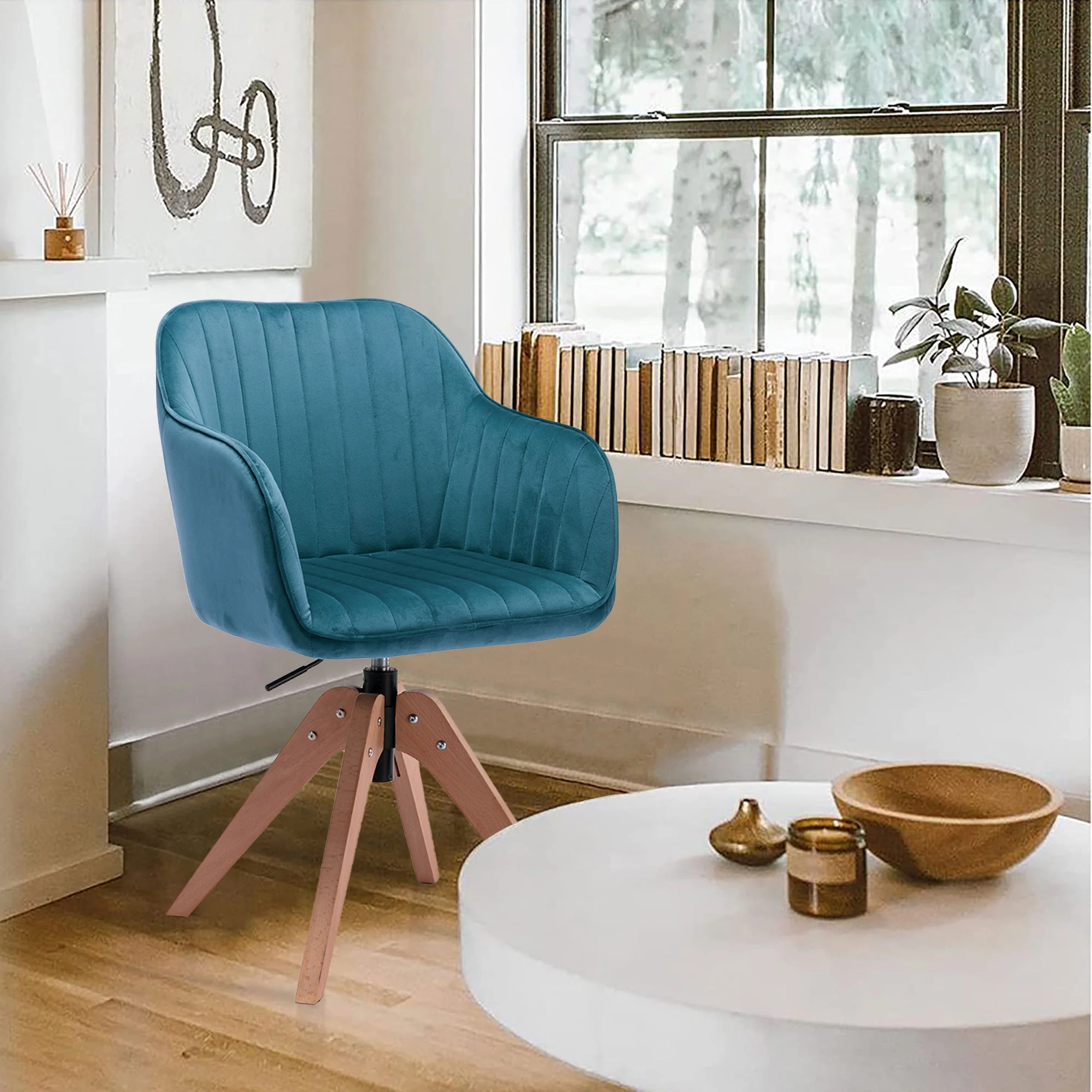 Tufted Teal Blue And Natural Velvet and Wood Dining Arm Chair By Homeroots - Image 4