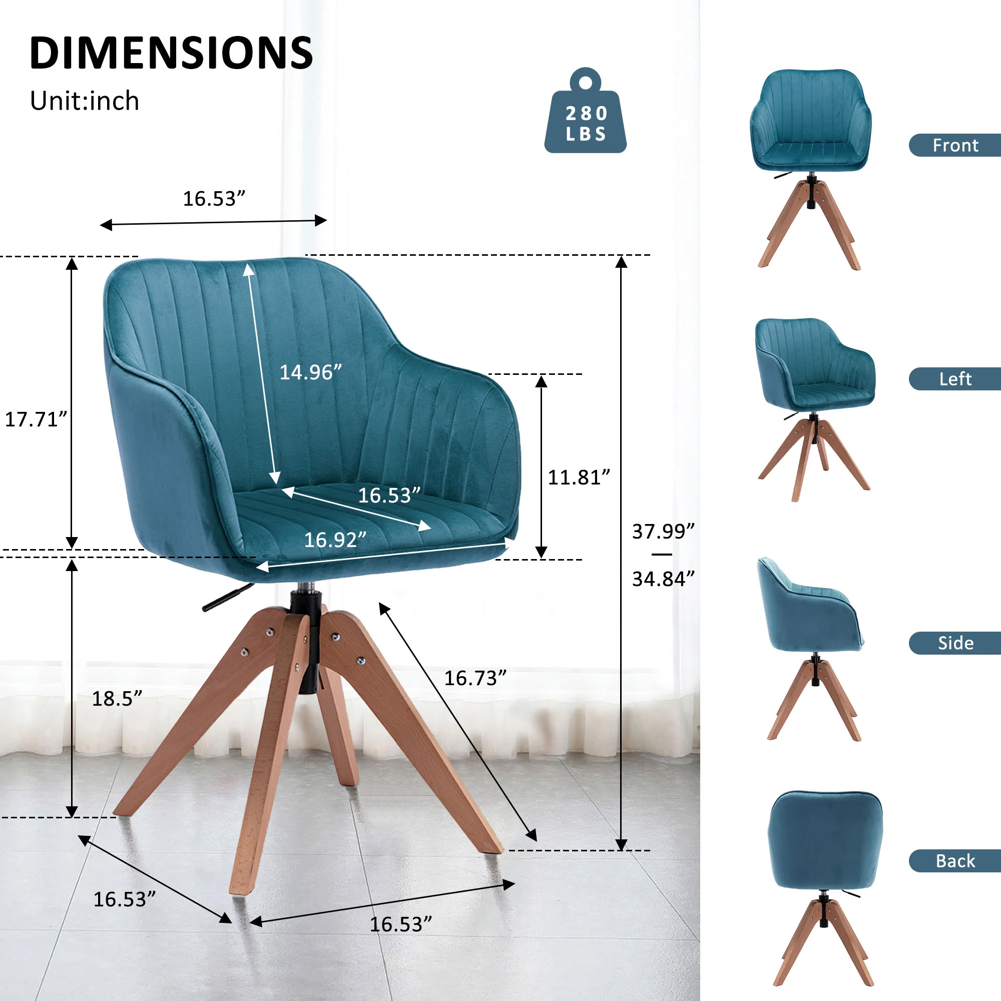 Tufted Teal Blue And Natural Velvet and Wood Dining Arm Chair By Homeroots - Image 5