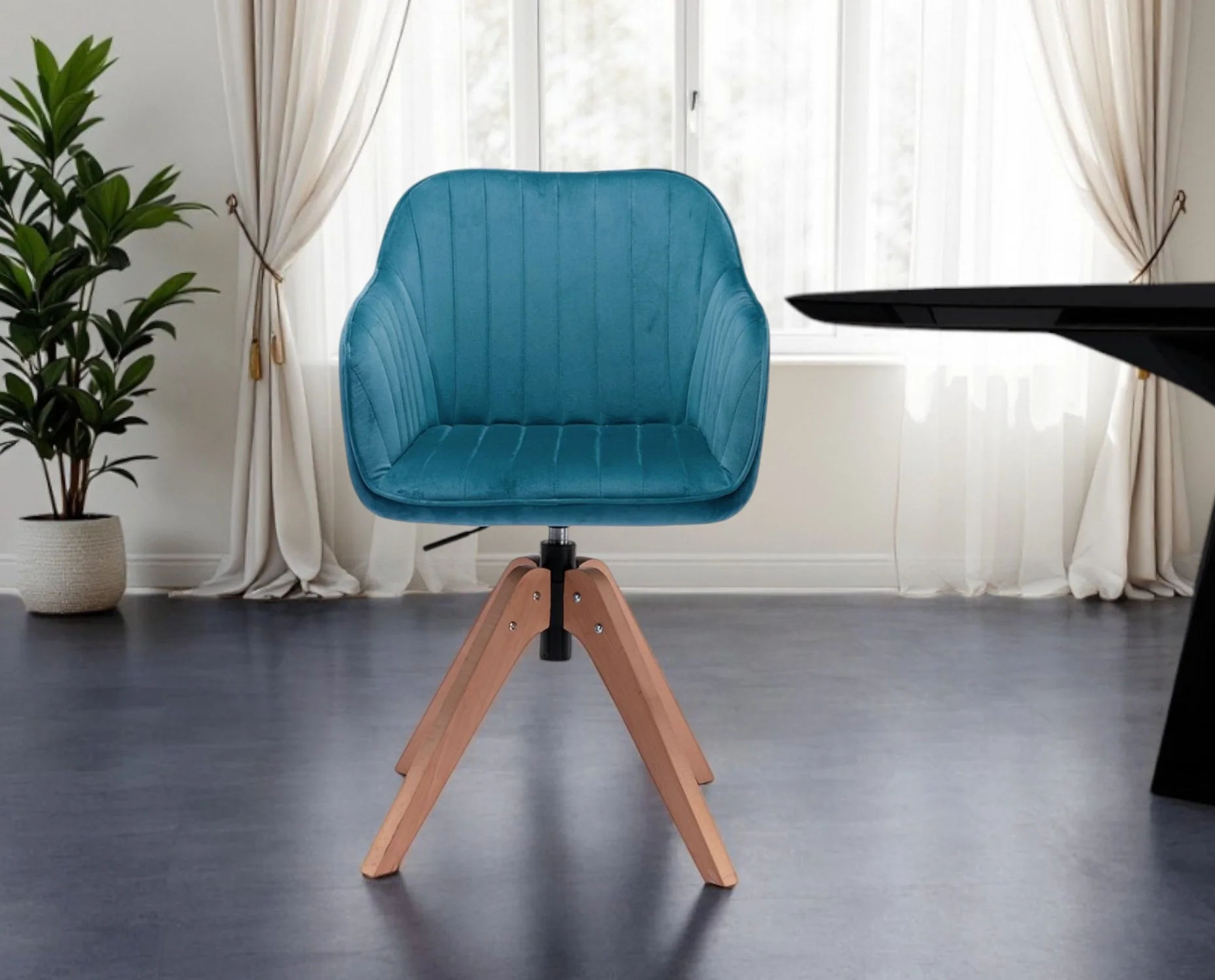 Tufted Teal Blue And Natural Velvet and Wood Dining Arm Chair By Homeroots - Image 7