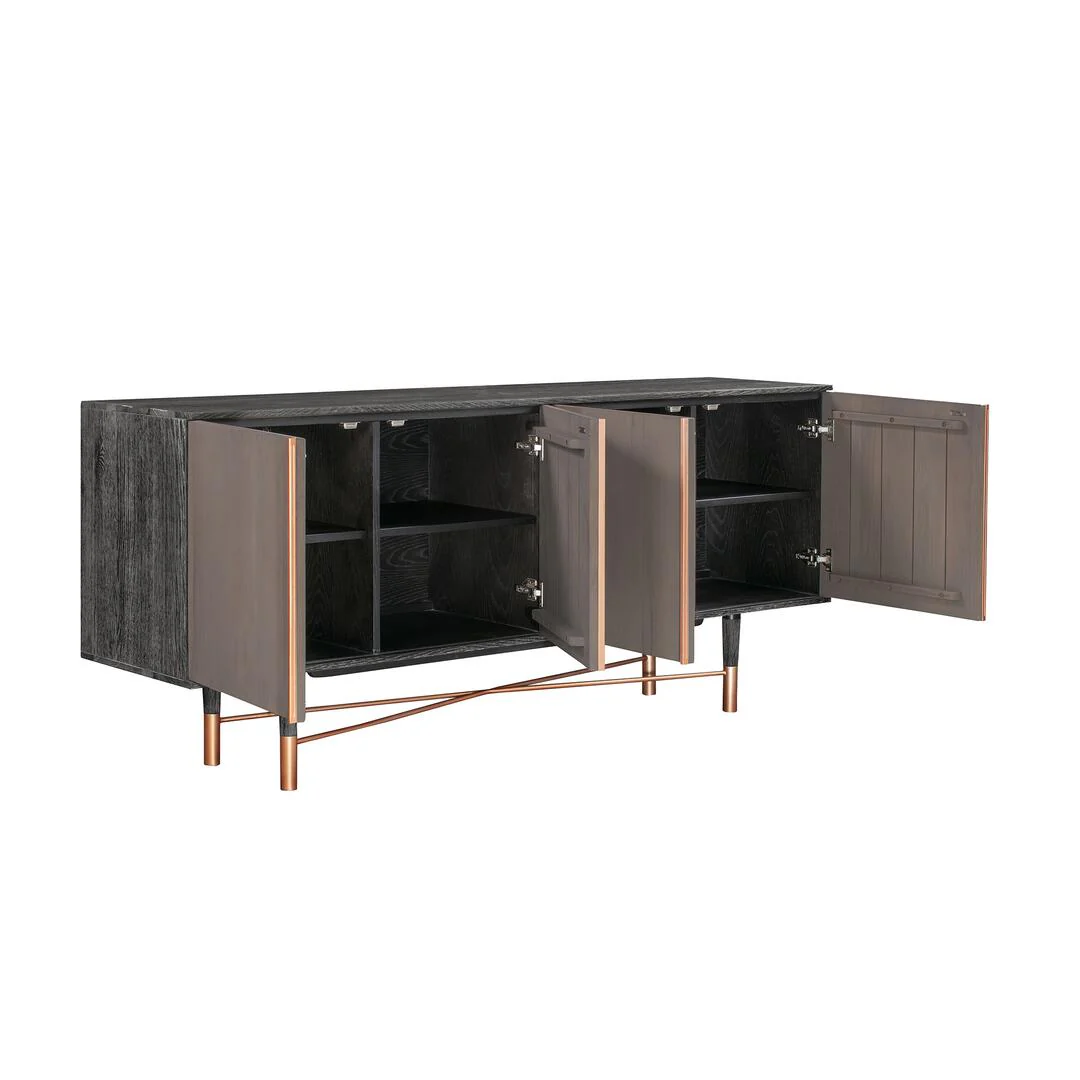 Turin Rustic Oak Wood Sideboard Cabinet with Copper Accent By Armen Living - Image 2
