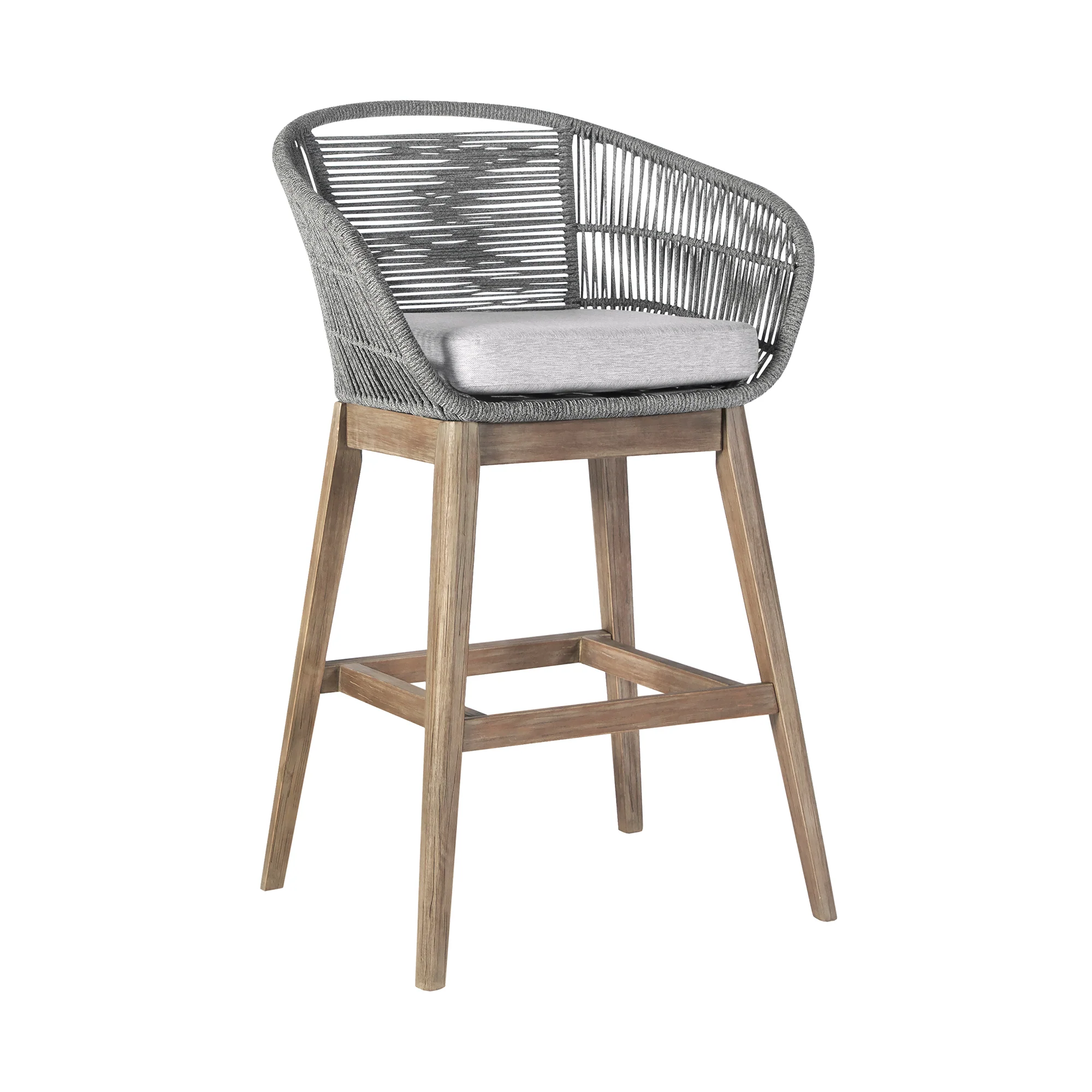 Tutti Frutti Indoor Outdoor Bar Height Bar Stool in Aged Teak Wood with Grey Rope By Armen Living - Image 2