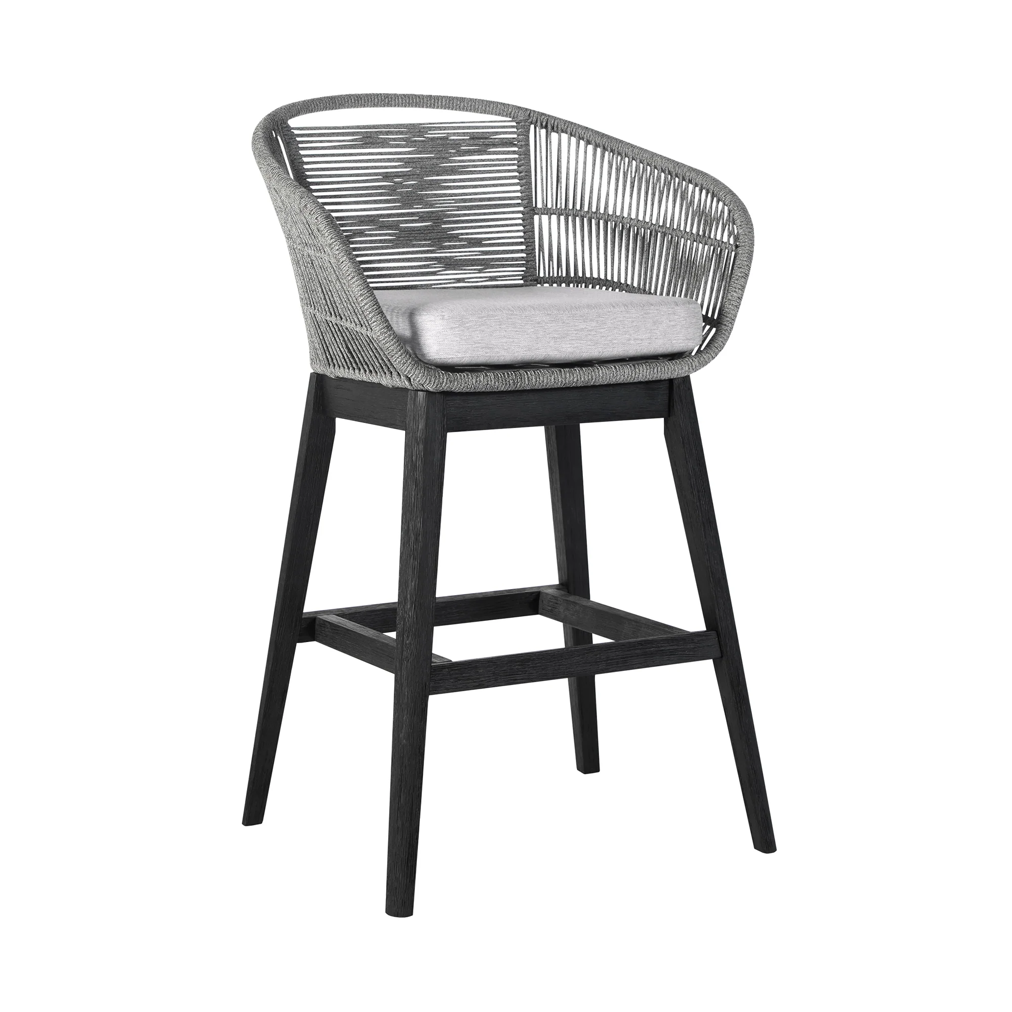 Tutti Frutti Indoor Outdoor Bar Height Bar Stool in Black Brushed Wood with Grey Rope By Armen Living - Image 2