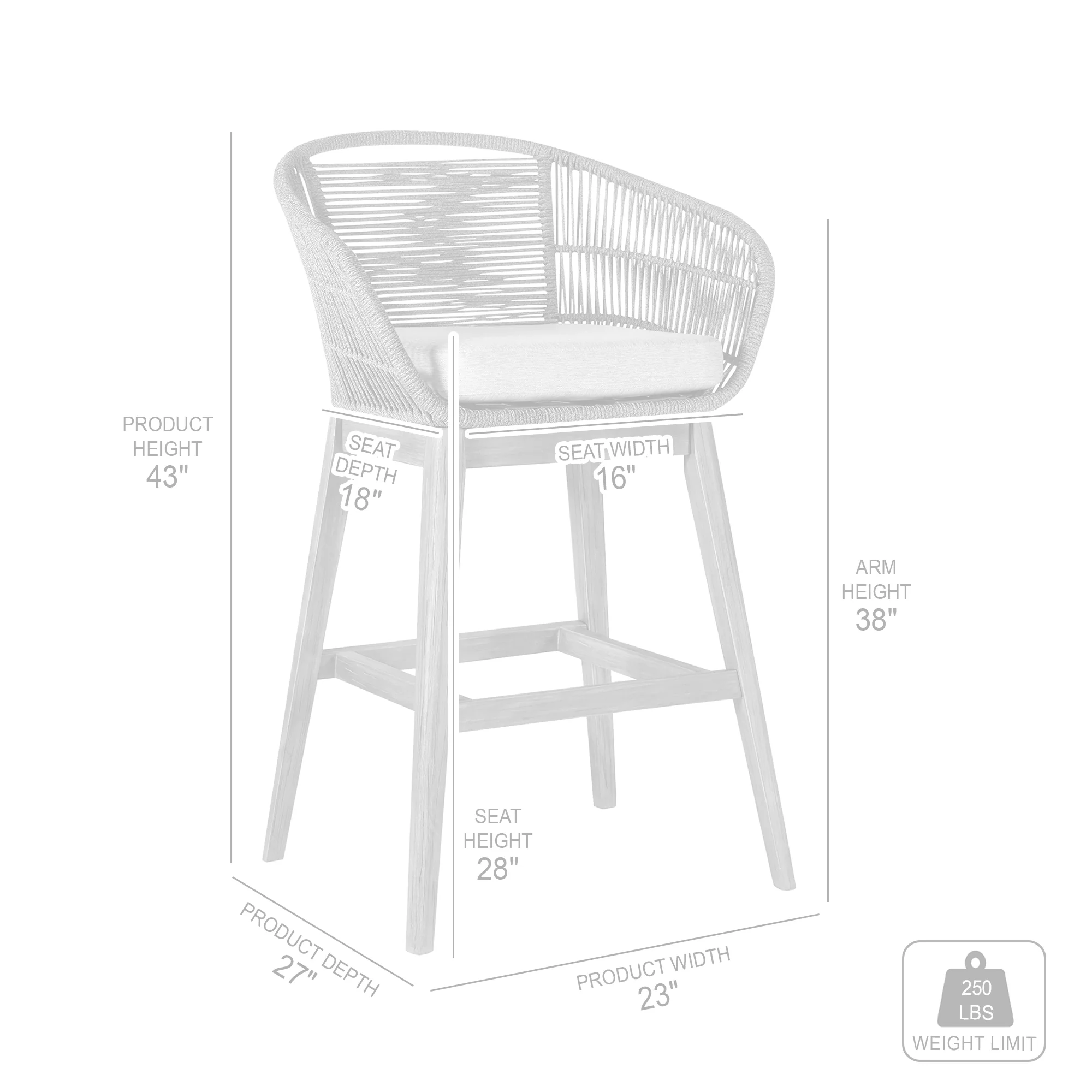 Tutti Frutti Indoor Outdoor Bar Height Bar Stool in Black Brushed Wood with Grey Rope By Armen Living - Image 9