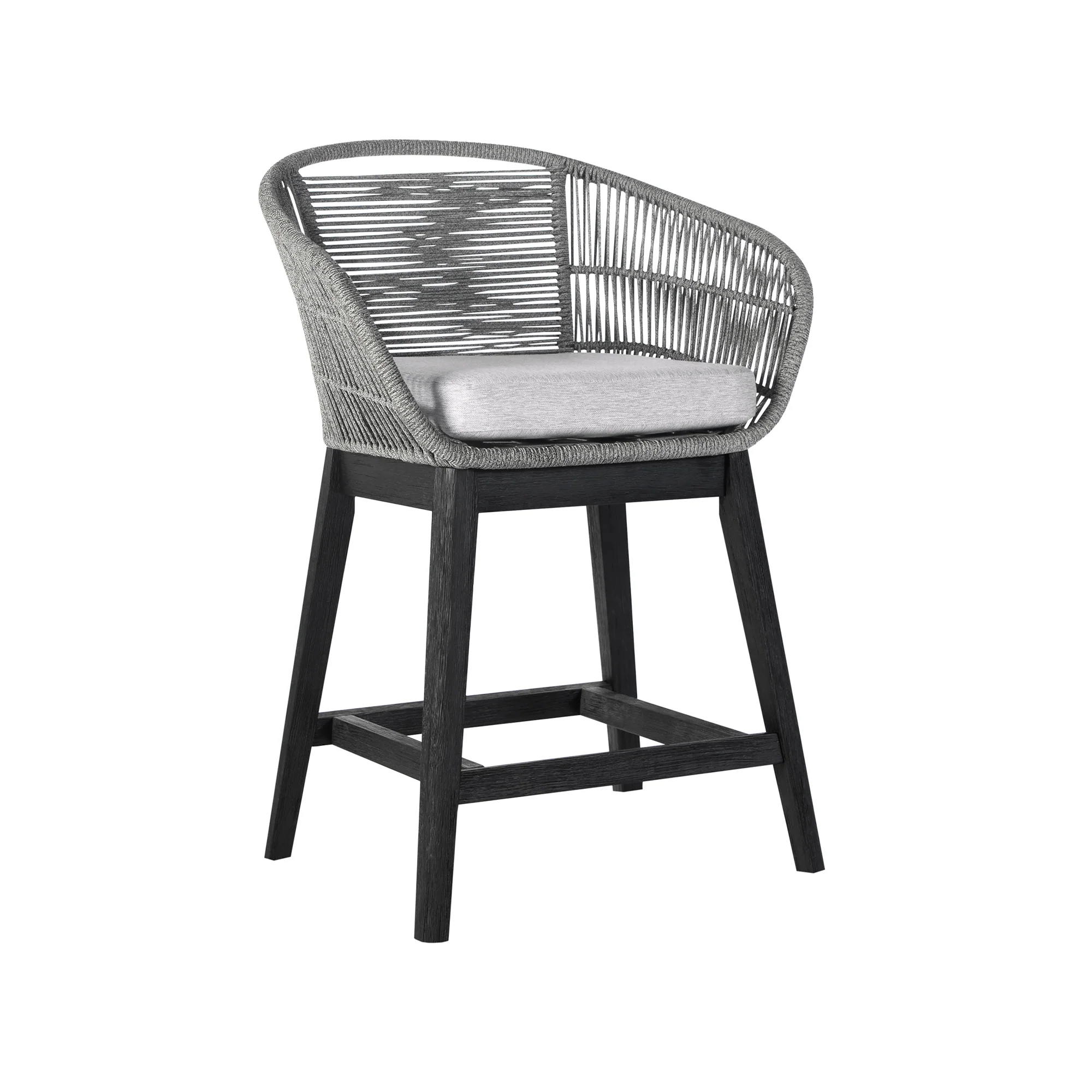 Tutti Frutti Indoor Outdoor Counter Height Bar Stool in Black Brushed Wood with Grey Rope By Armen Living - Image 2