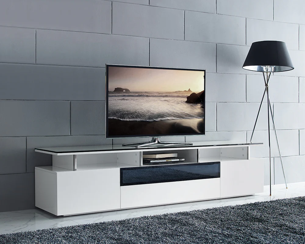Tv Unit High Gloss White With Gray Glass Middle Drawer 2 Drawers And 2 Doors By Homeroots - Image 4
