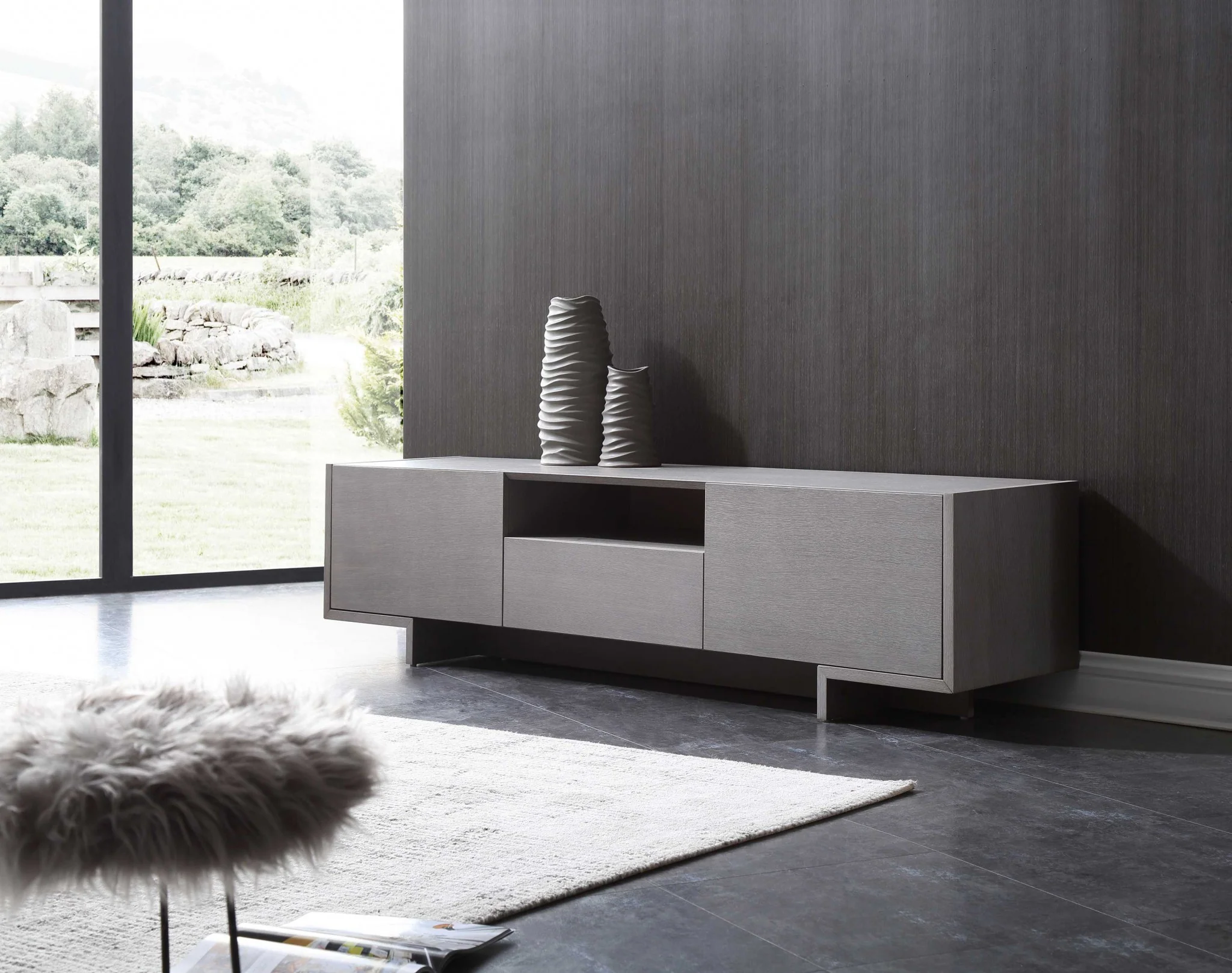Tv Unit One Middle Drawer And 2 Lid Doors On The Sides All In Grey Oak Venee By Homeroots - Image 3