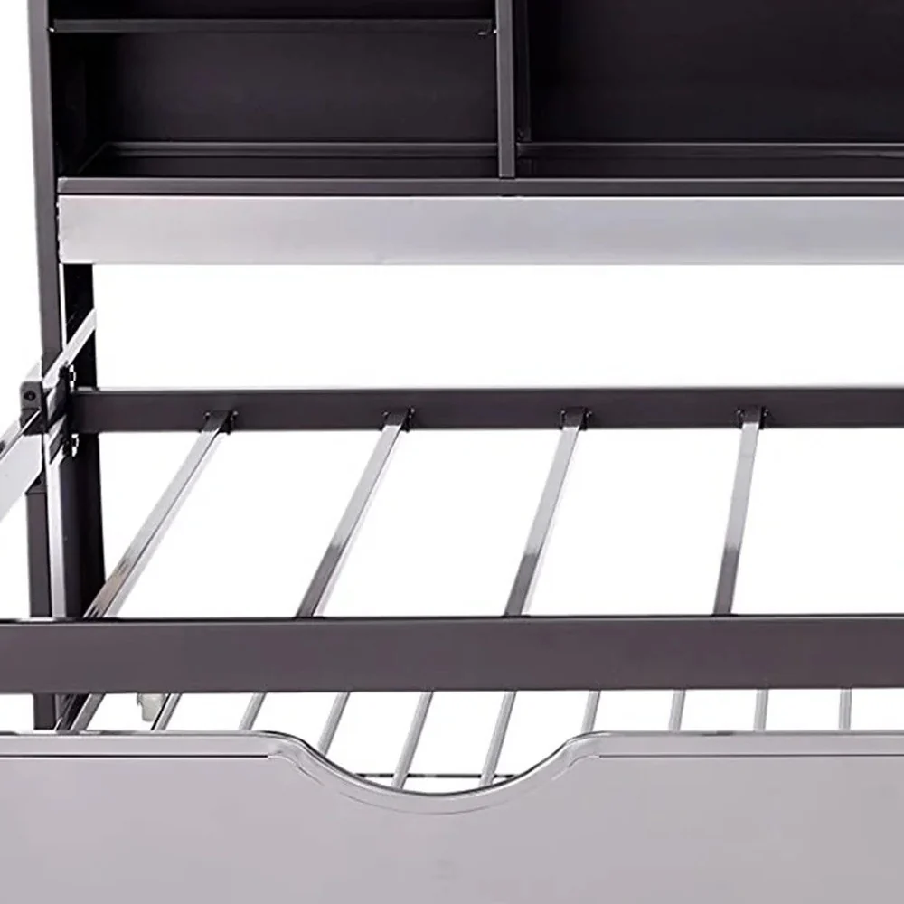 Twin Black And Silver Metal Tube Bed With Bookcase And Trundle By Homeroots - Image 2