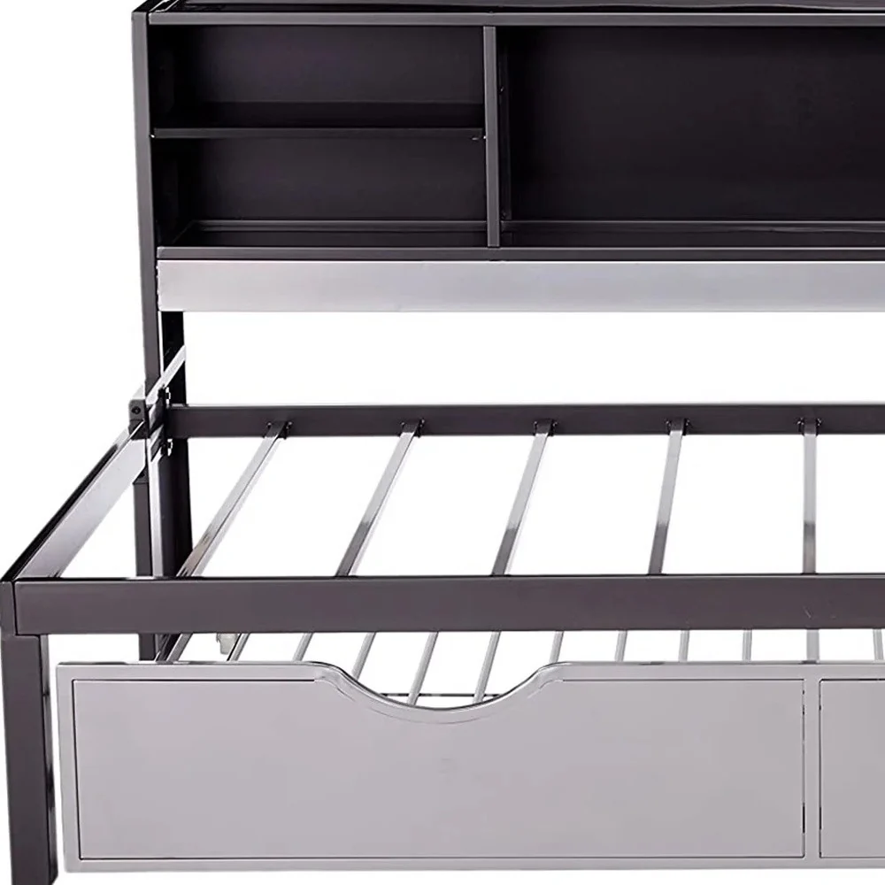 Twin Black And Silver Metal Tube Bed With Bookcase And Trundle By Homeroots - Image 3
