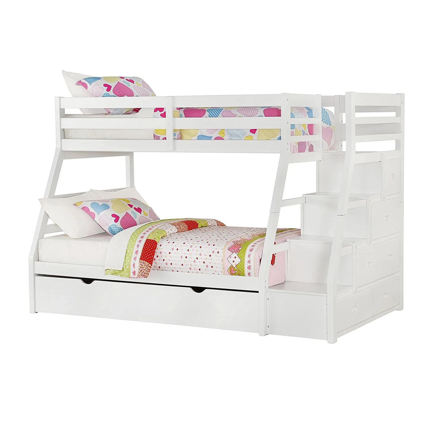 Twin Over Full White Storage Ladder And Trundle Bunk Bed By Homeroots - Image 3