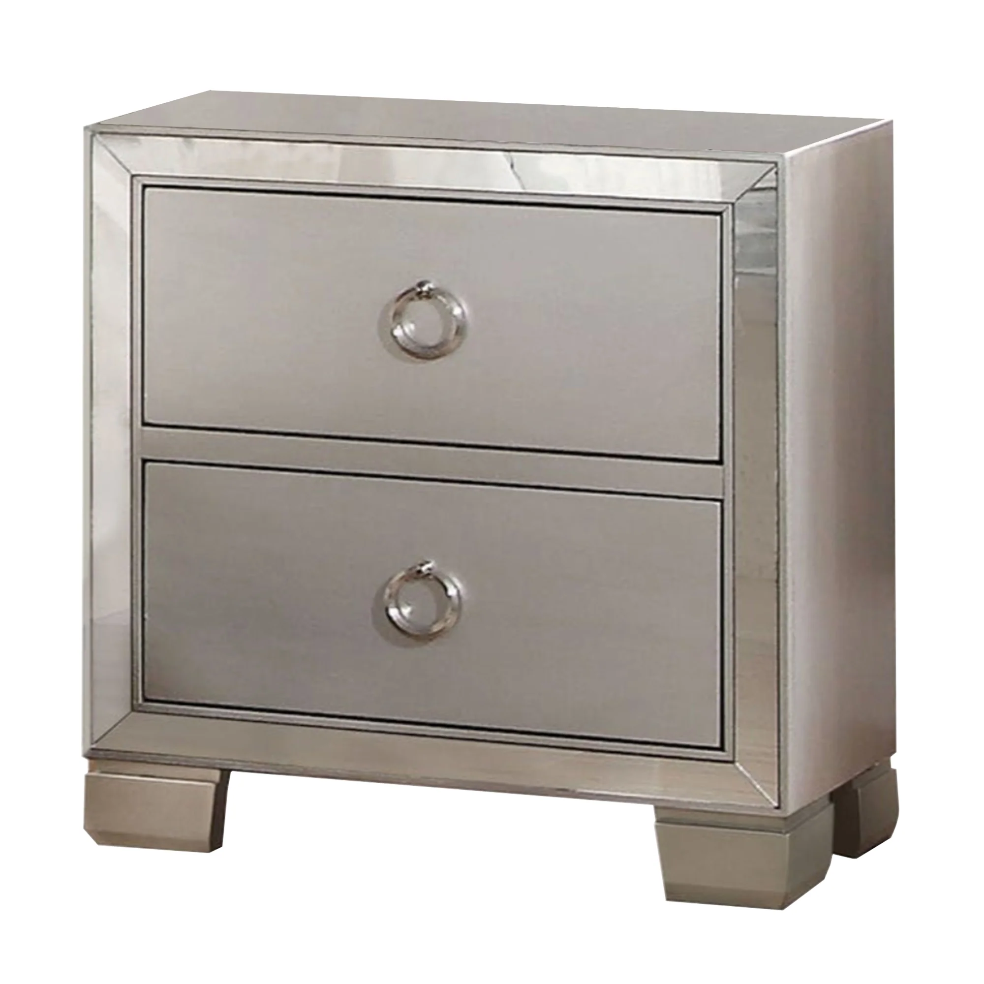 Two Drawer Nightstand With Mirror Insert Front Trim, Platinum By Benzara - Image 2