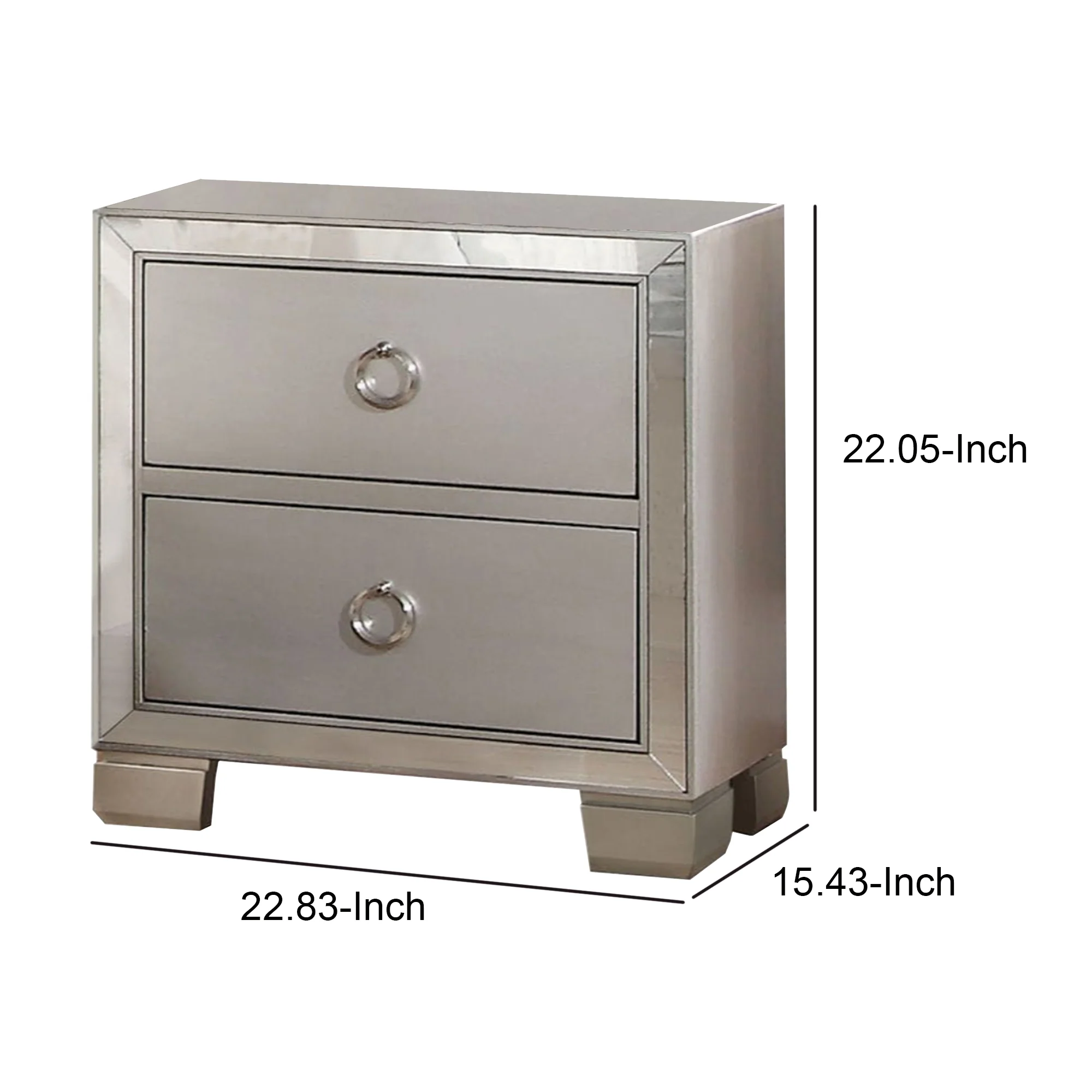 Two Drawer Nightstand With Mirror Insert Front Trim, Platinum By Benzara - Image 3
