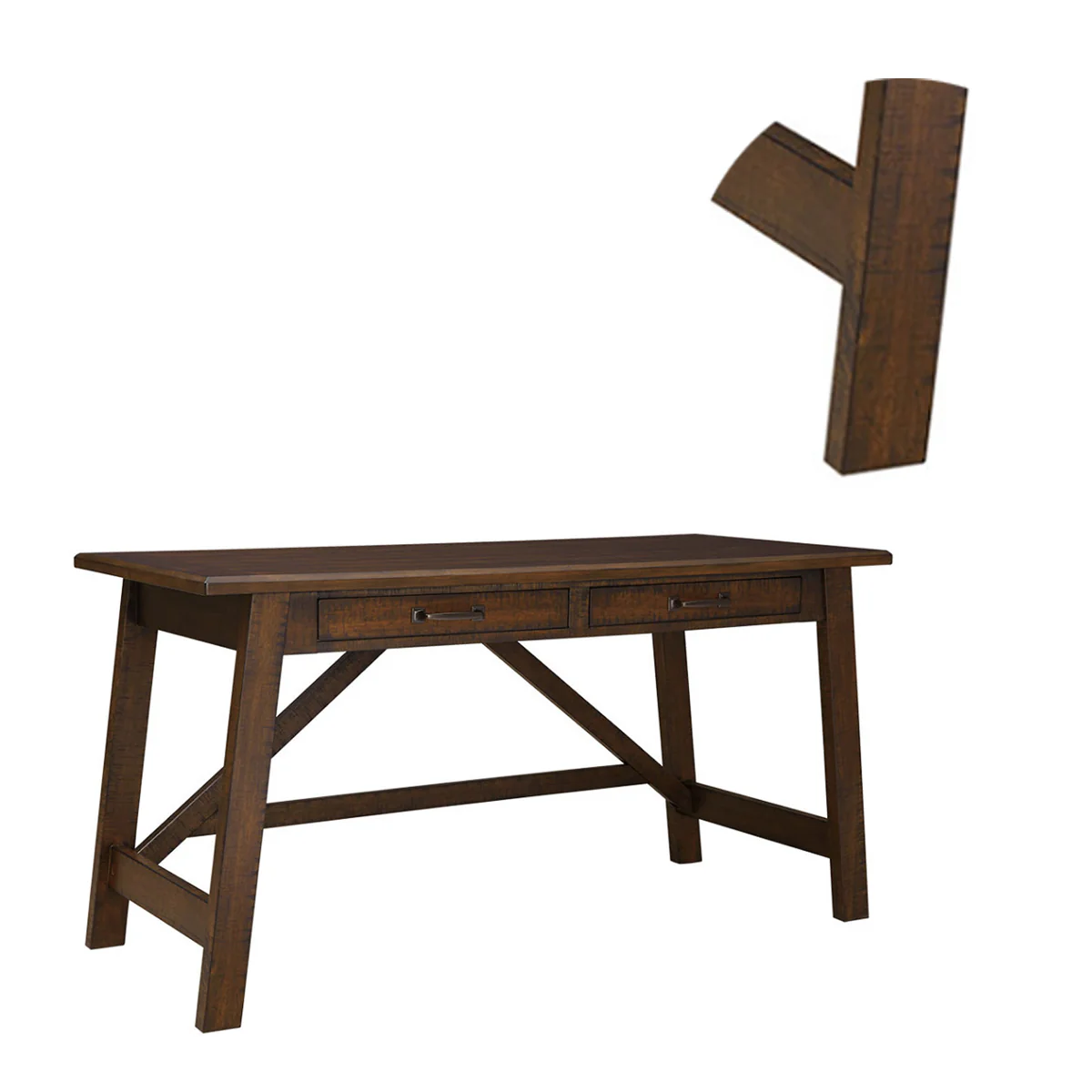 Two Drawers Wooden Desk with Cross Stretcher Brace Design, Large, Brown By Benzara - Image 2