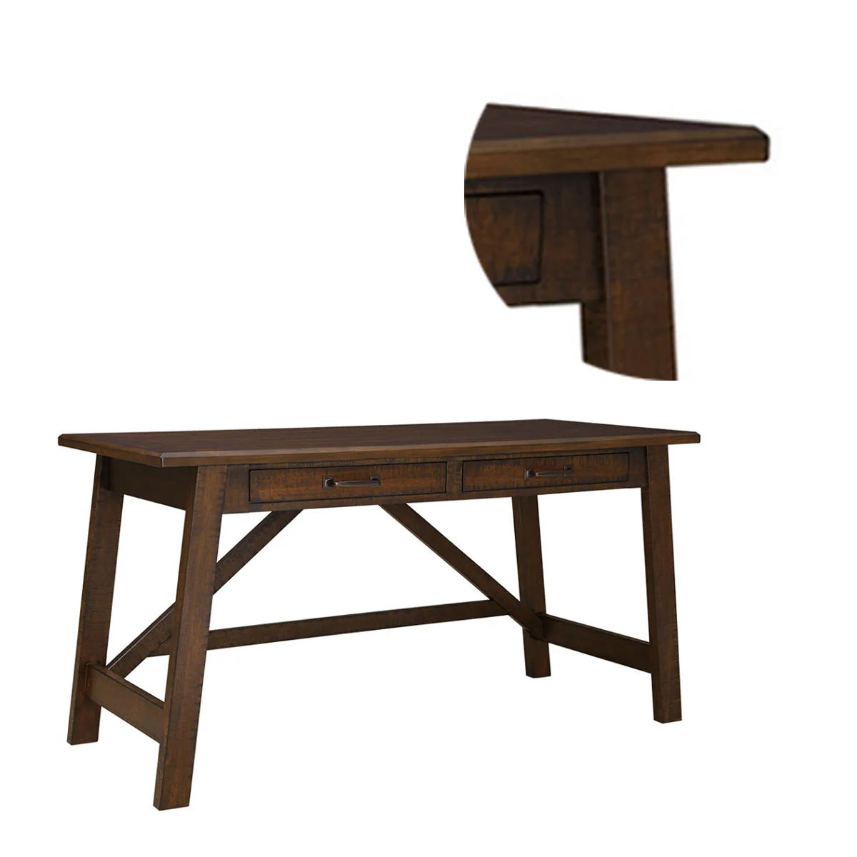 Two Drawers Wooden Desk with Cross Stretcher Brace Design, Large, Brown By Benzara - Image 3