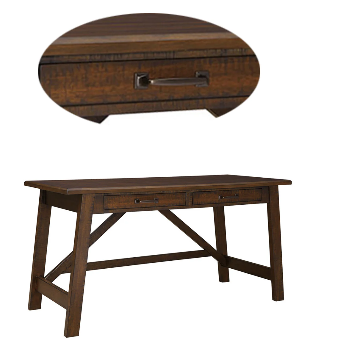 Two Drawers Wooden Desk with Cross Stretcher Brace Design, Large, Brown By Benzara - Image 4