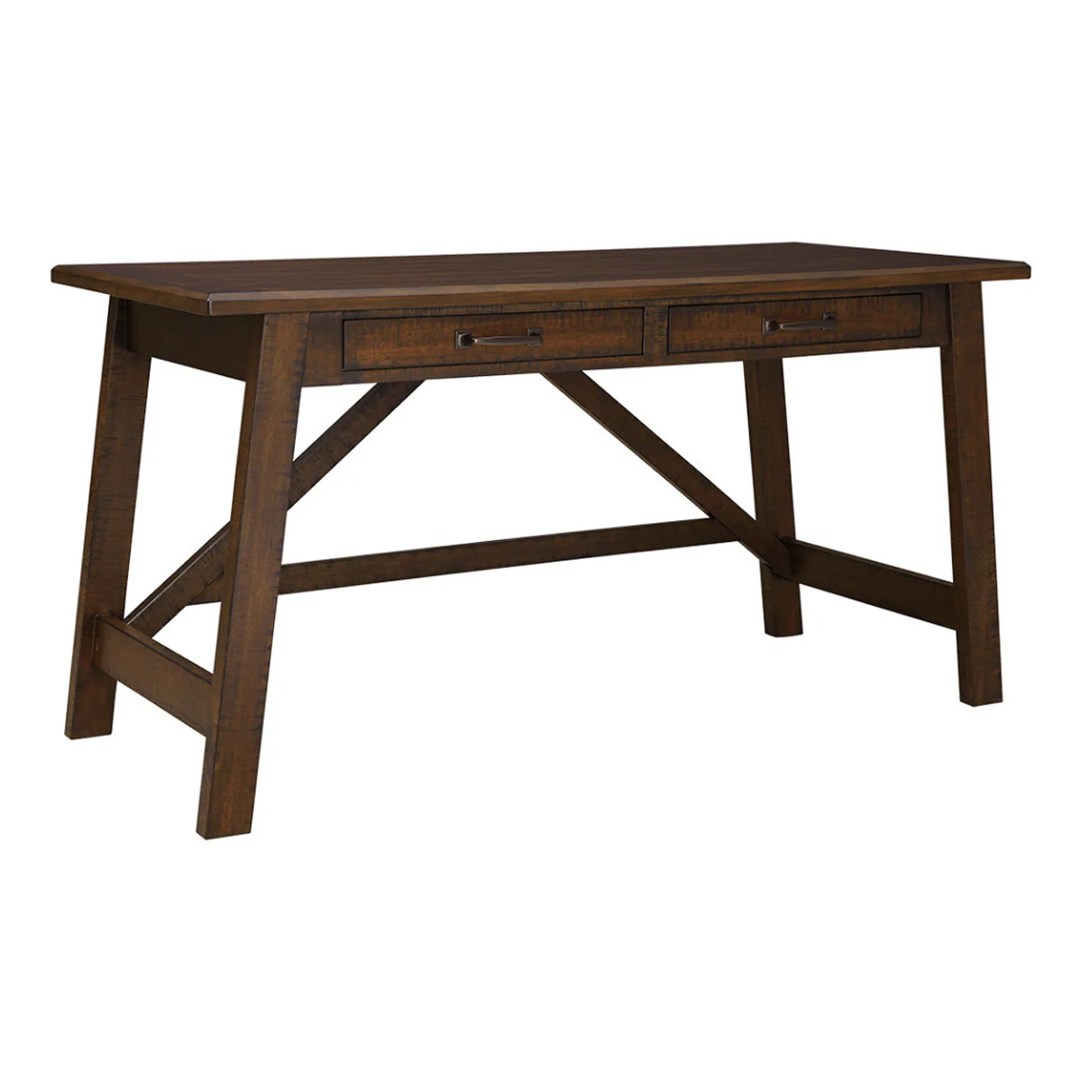 Two Drawers Wooden Desk with Cross Stretcher Brace Design, Large, Brown By Benzara - Image 6